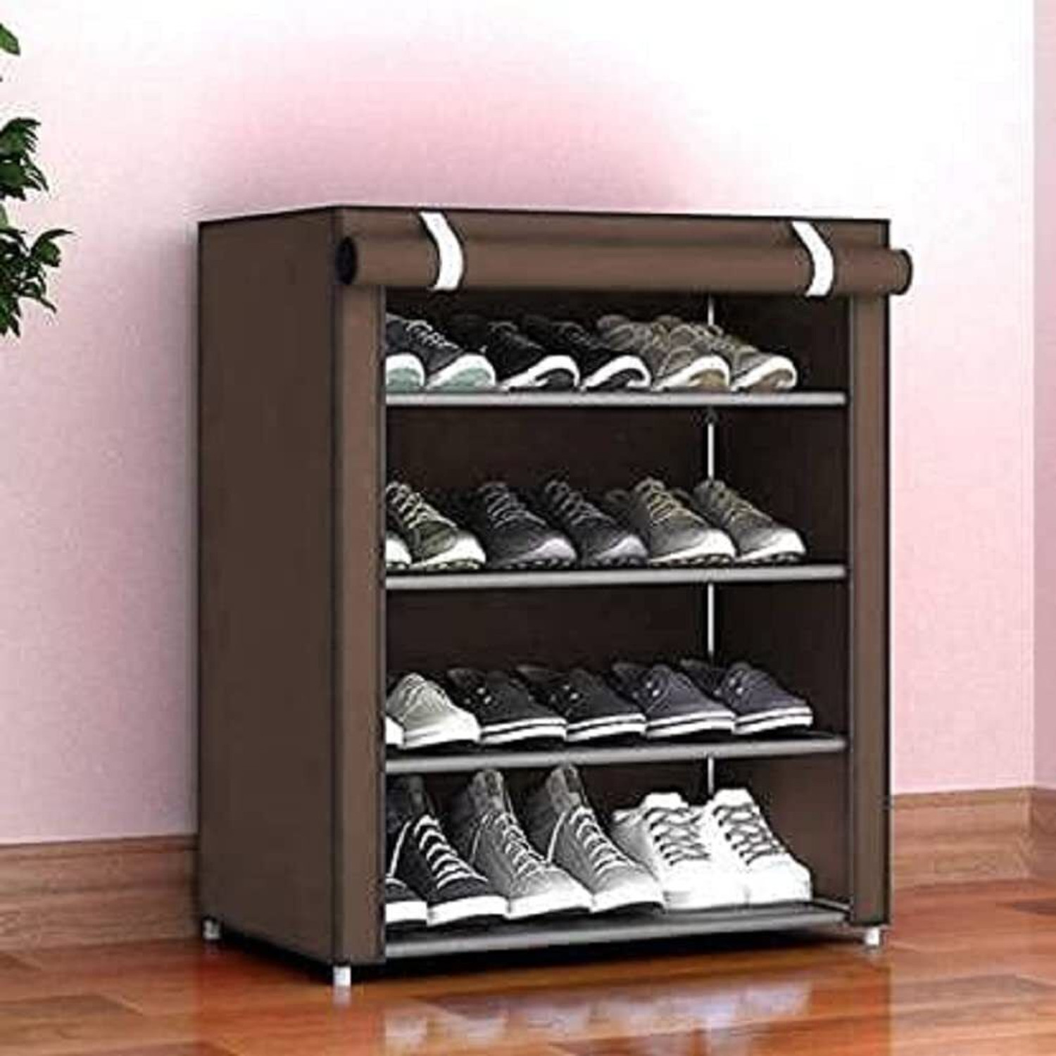 ZENVEXYO Premium Multipurpose Plastic Shoe Rack with Door & Dustproof Cover Plastic Shoe Stand (brown, 4 Shelves, DIY(Do-It-Yourself)) - Image 1