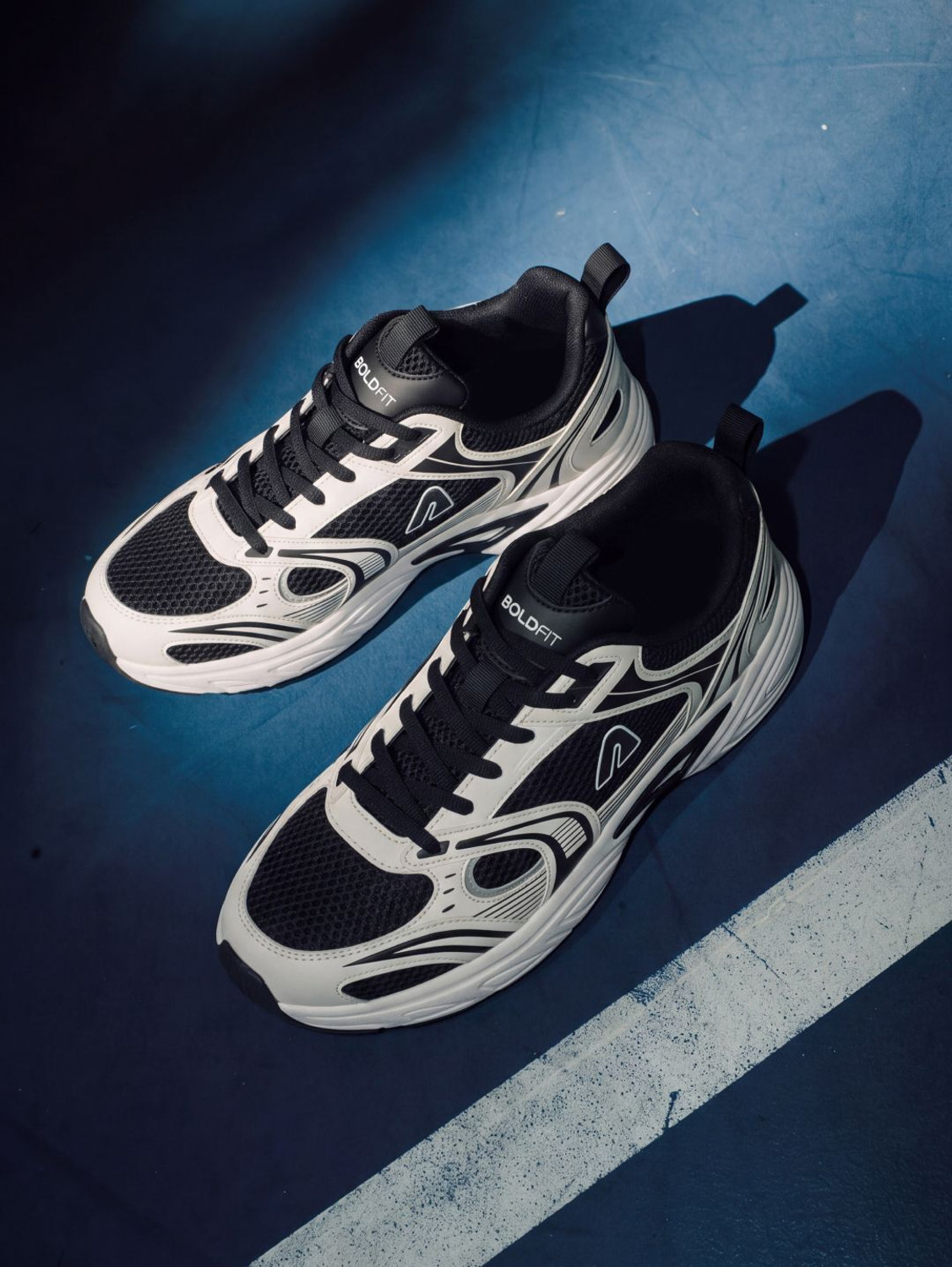 BOLDFIT Klassics Chunky Retro-Inspired Mesh Sneakers | Lace-Up Casual Shoes Sneakers For Men (Black, Off White , 6) - Image 1