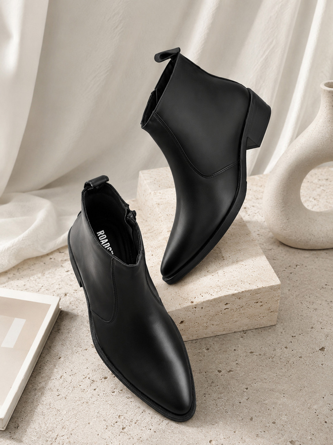 Roadster Men Black Pointed Toe Ankle Boots with Side Zip & Low Stacked Heel Boots For Men (Black , 6) - Image 1
