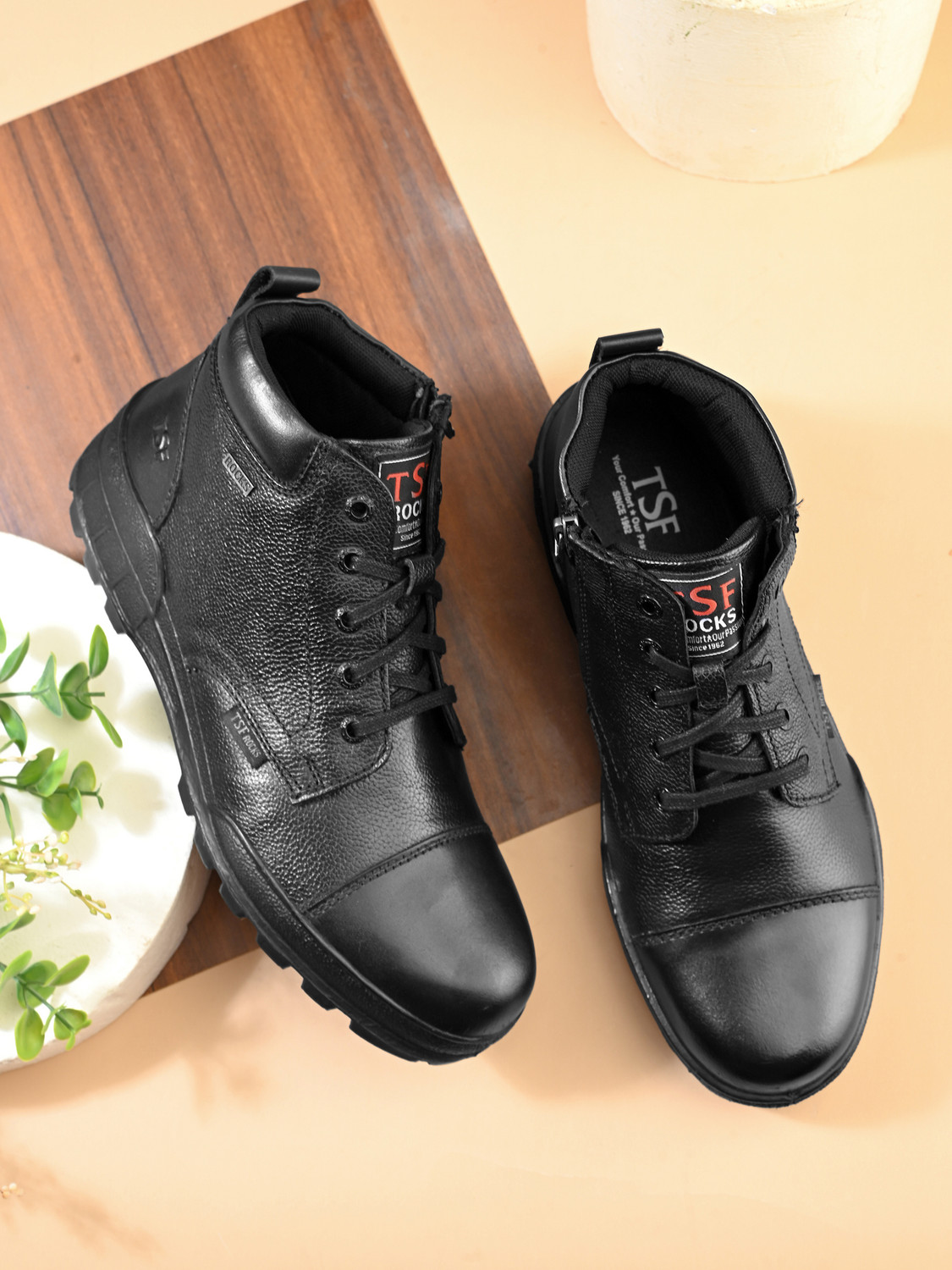 TSF Leather boot Lace Up For Men (Black , 9) - Image 1