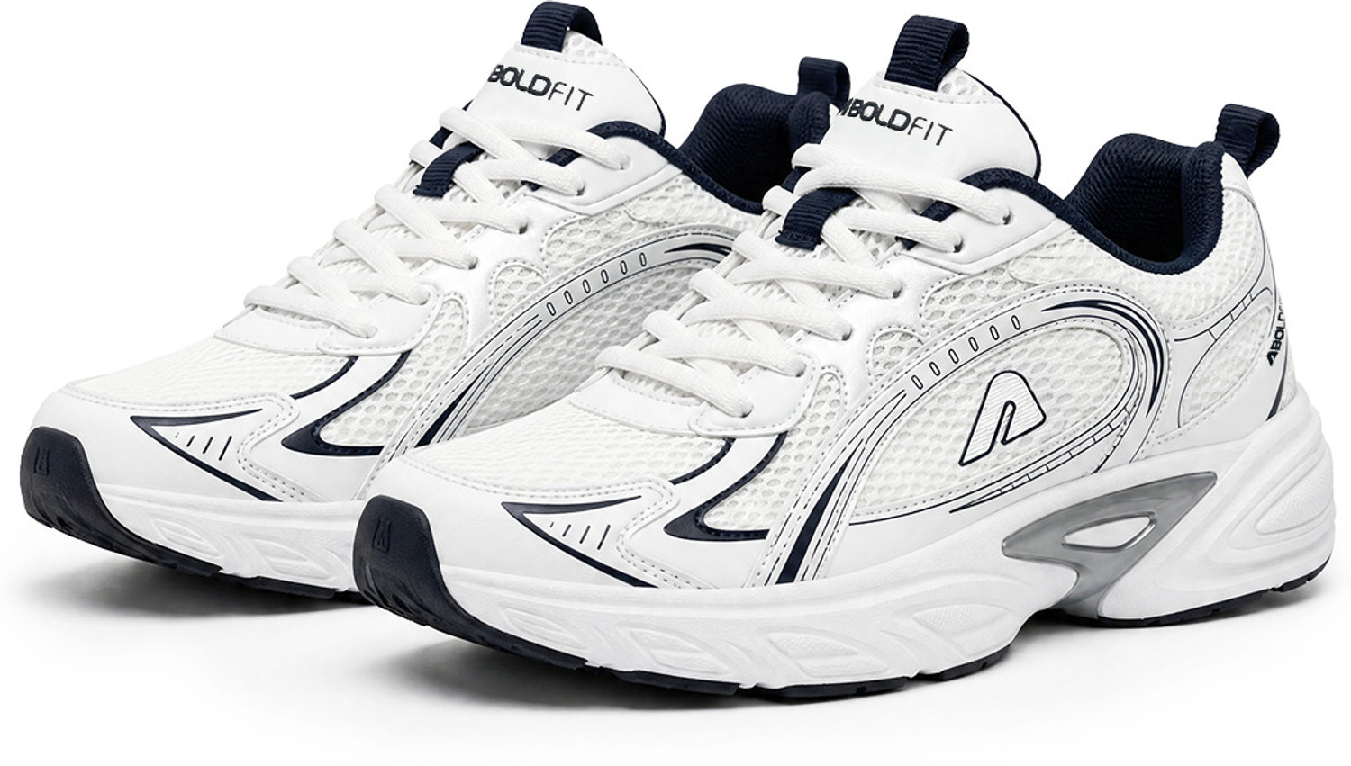 BOLDFIT Chunky Retro-Inspired Mesh Sneakers | Lace-Up Casual Shoes Sneakers For Men (White , 11) - Image 1