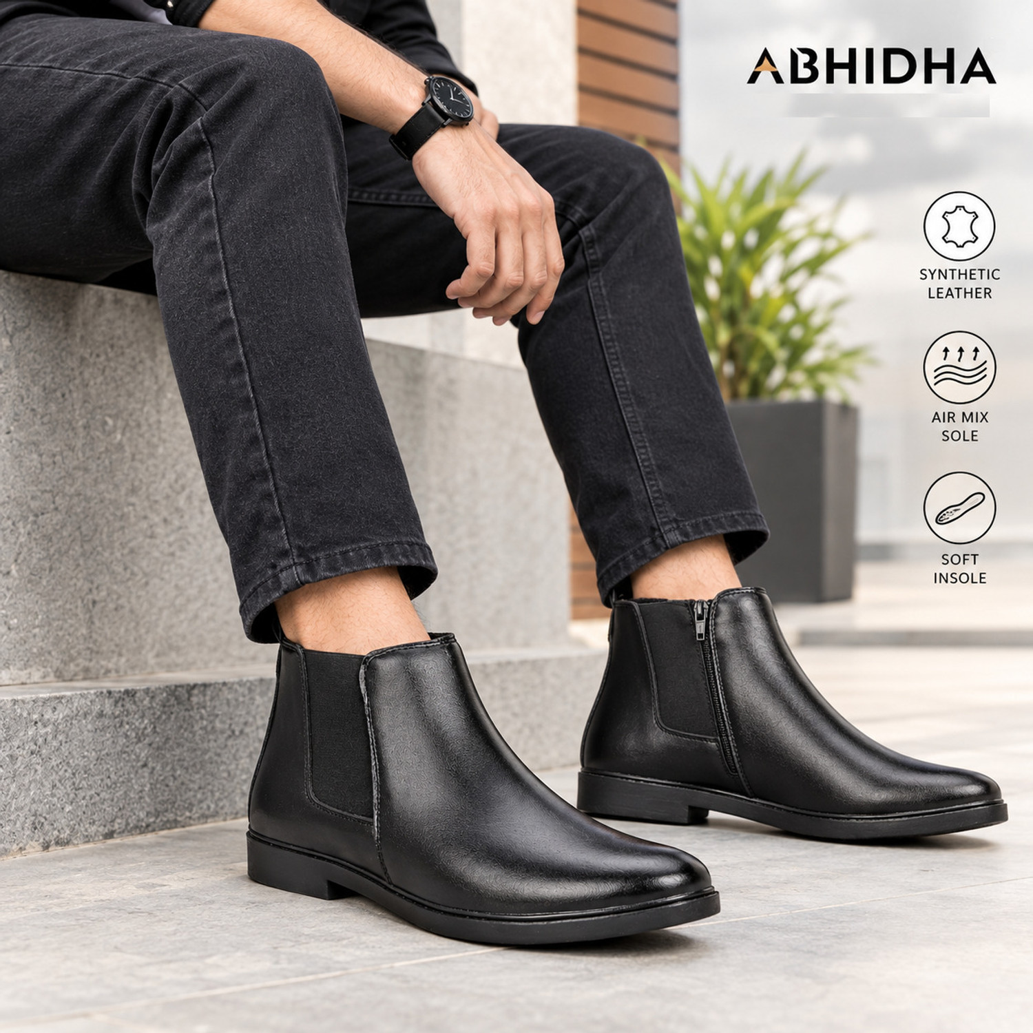 ABHIDHA Premium Handmade Chelsea |Soft Cushioned Insole Boots For Men Boat Shoes For Men (Black , 8) - Image 1
