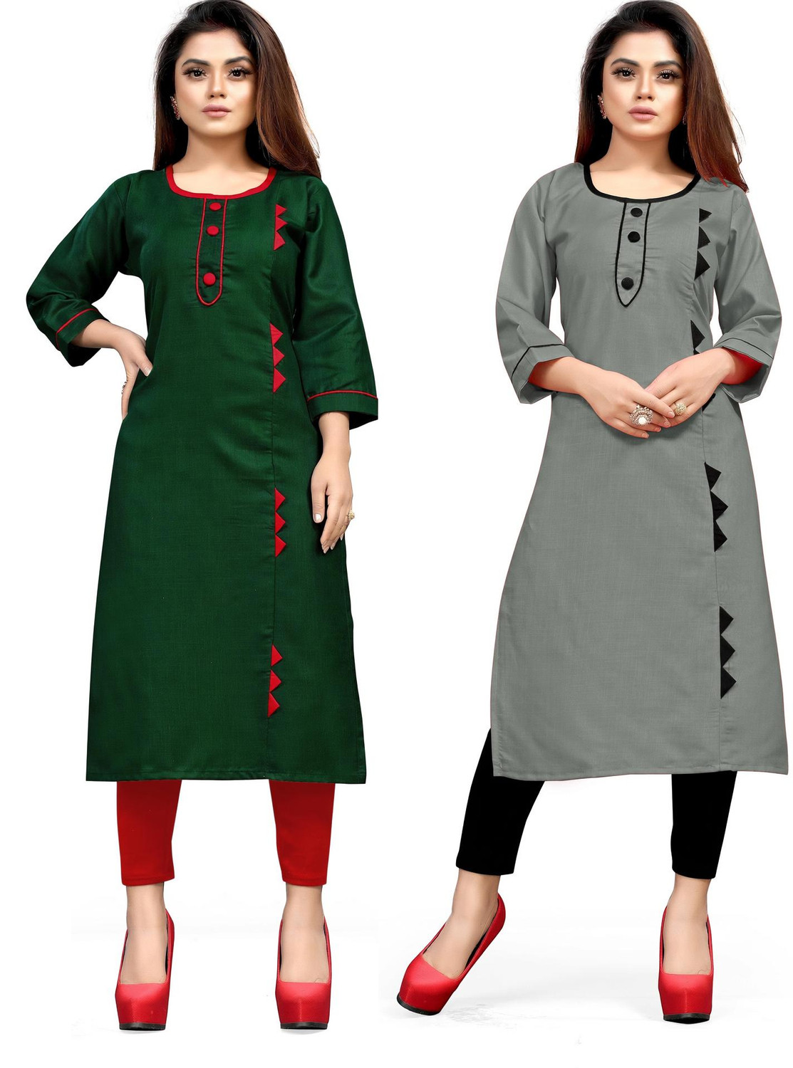 AAI MOGAL Women's Cotton Blend Straight Kurta Pack of 2 (Green, Grey) - Image 1