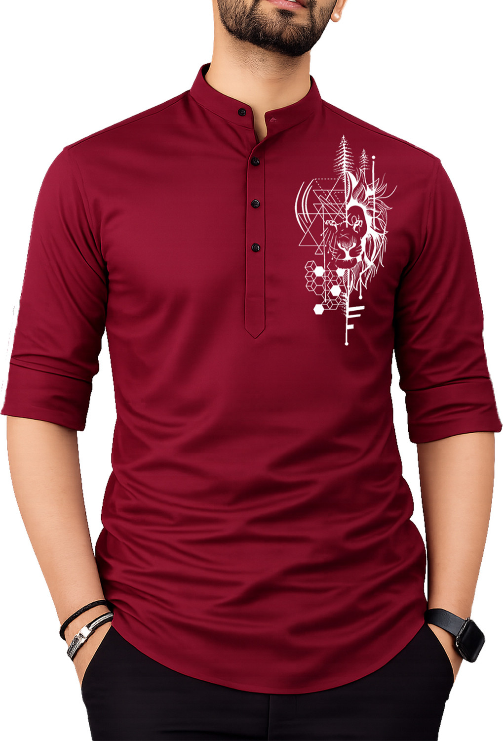 Fashion Marts Men's Maroon Cotton Blend Straight Kurta - Image 1