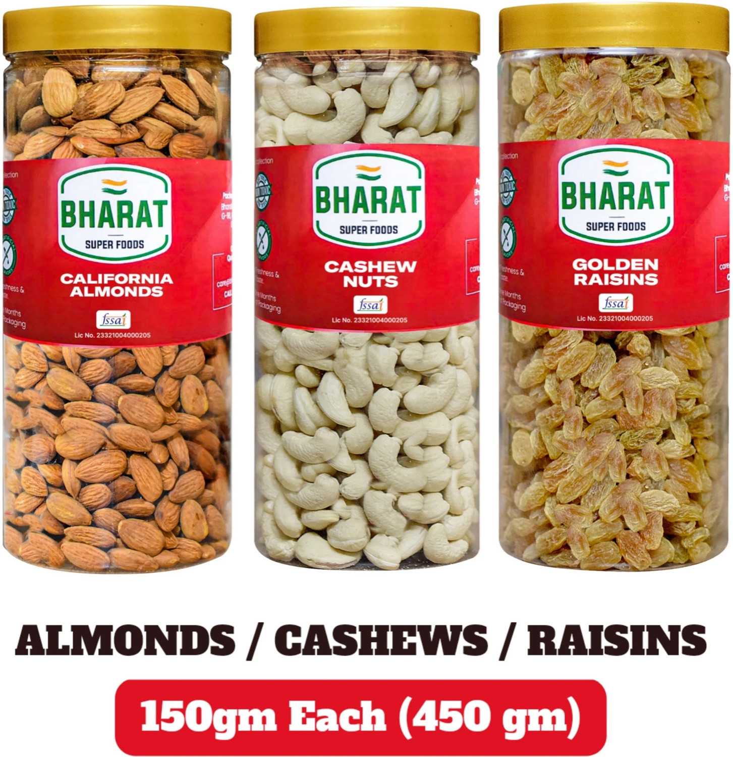 Bharat Super Foods Dry Fruits Combo Pack of 3, Almonds, Cashews, Golden Raisin 150gm Each - 450gm Cashews, Raisins, Almonds (3 x 150 g) - Image 1