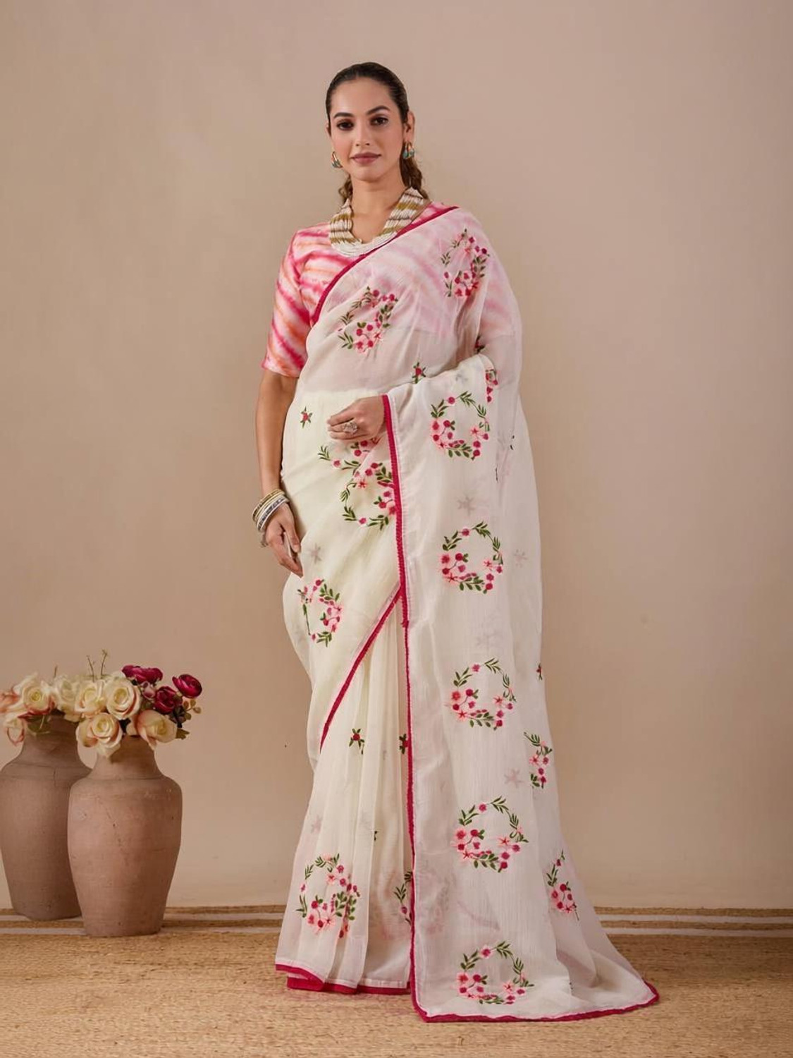 SILKORA Embroidered Bollywood Chiffon Saree (Beige) - Image 1