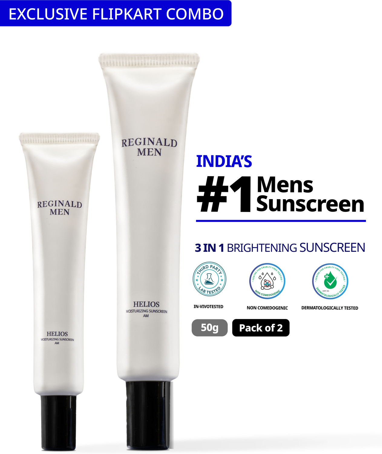 Reginald Men Sunscreen - SPF SPF 50+ PA++++ Helios Moisturising with 11 Actives Combo (45 g) - Image 1