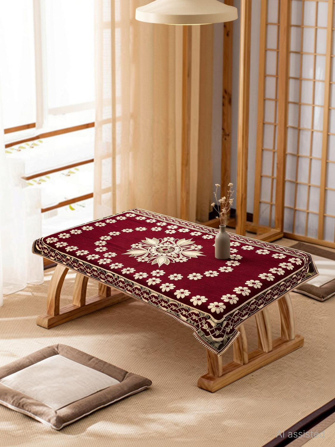 Sparklings Velvet 4 Seater Printed Table Cover (Red) - Image 1