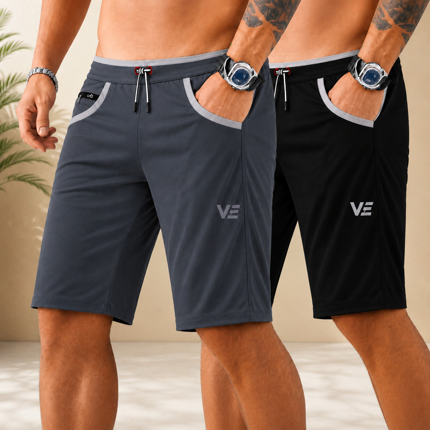 WeReKo Pack of 2 Printed Men's Shorts (Dark Grey, Black) - Image 1