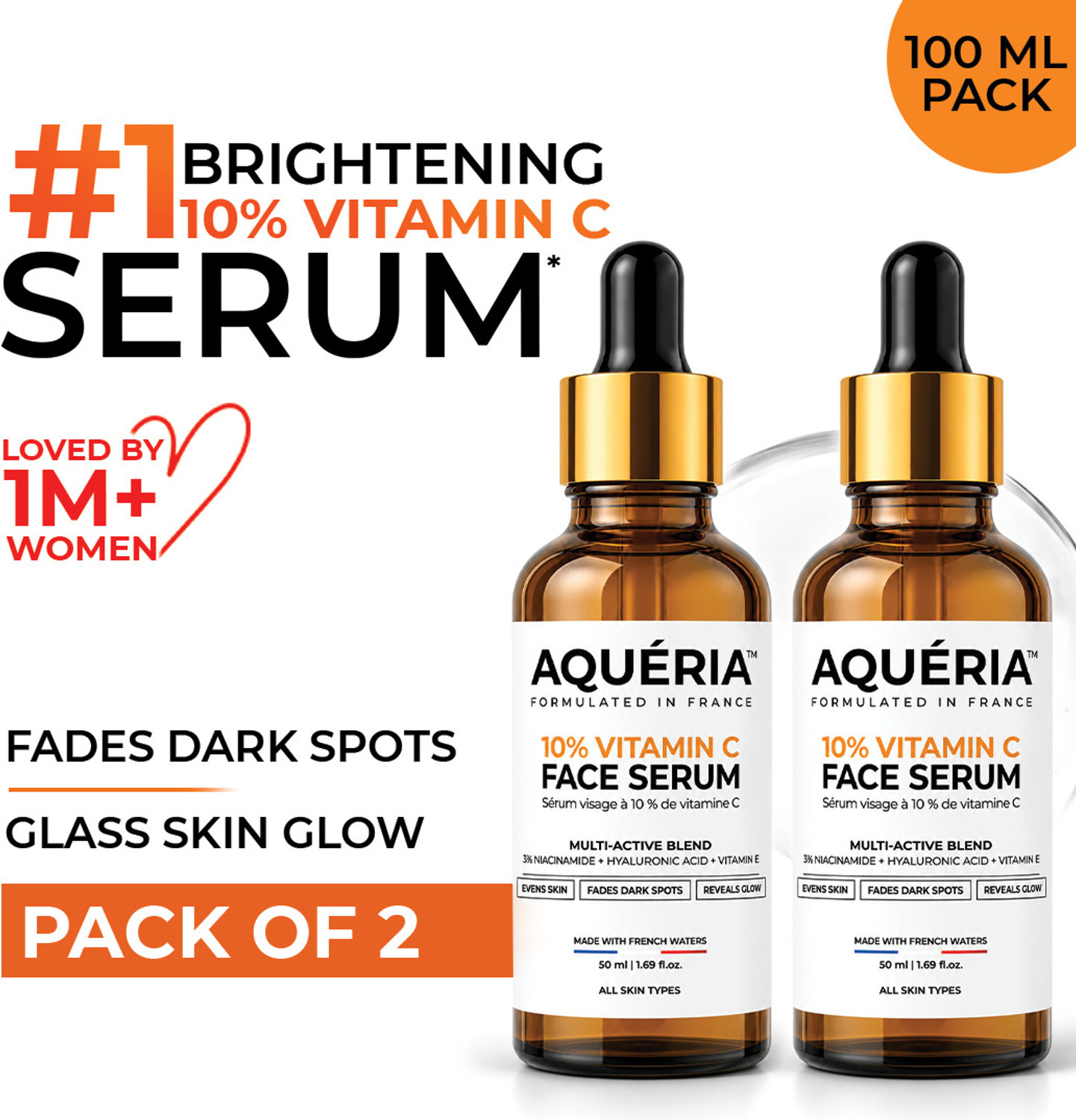 Aqueria 10% Vitamin C Face Serum with Niacinamide & Hyaluronic Acid, - Image 1
