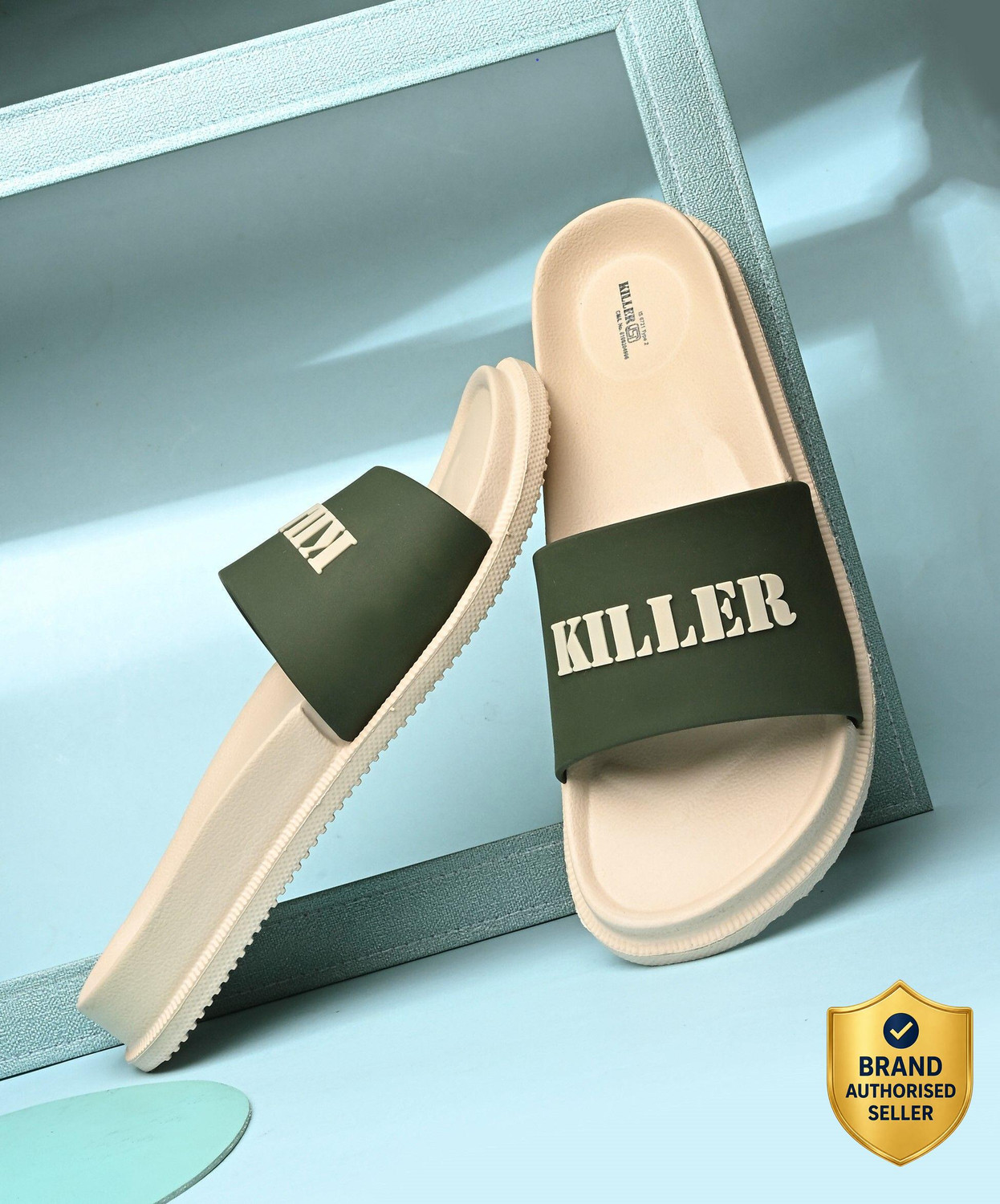 KILLER Men's Casual Slides (Olive, Beige, Size 7) - Image 1