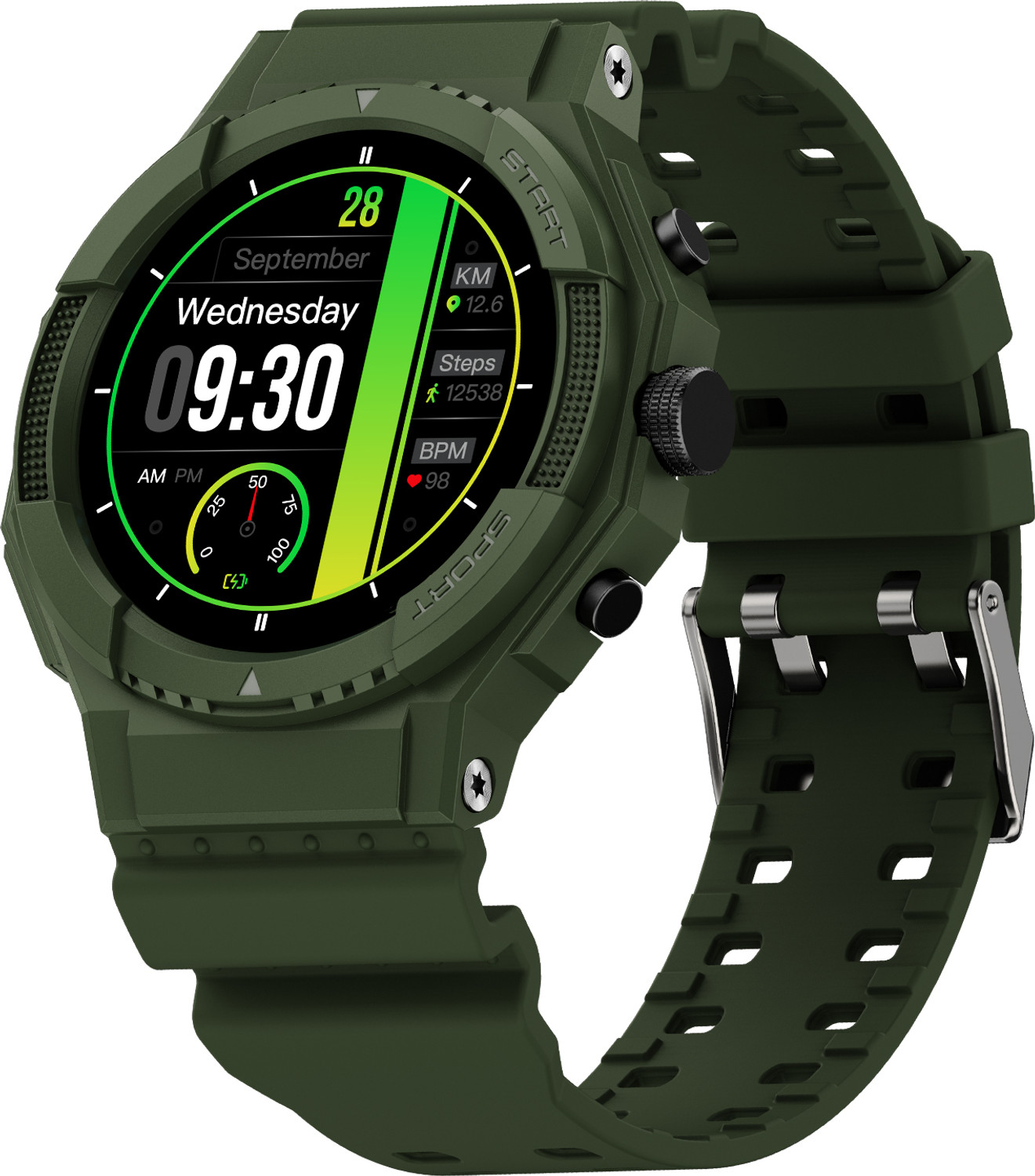 Fire-Boltt Quest 35.3mm (1.39 inch) Display, GPS, BT call, 100+ Sports Modes, Rugged Smartwatch (Military Green Strap, Free Size) - Image 1