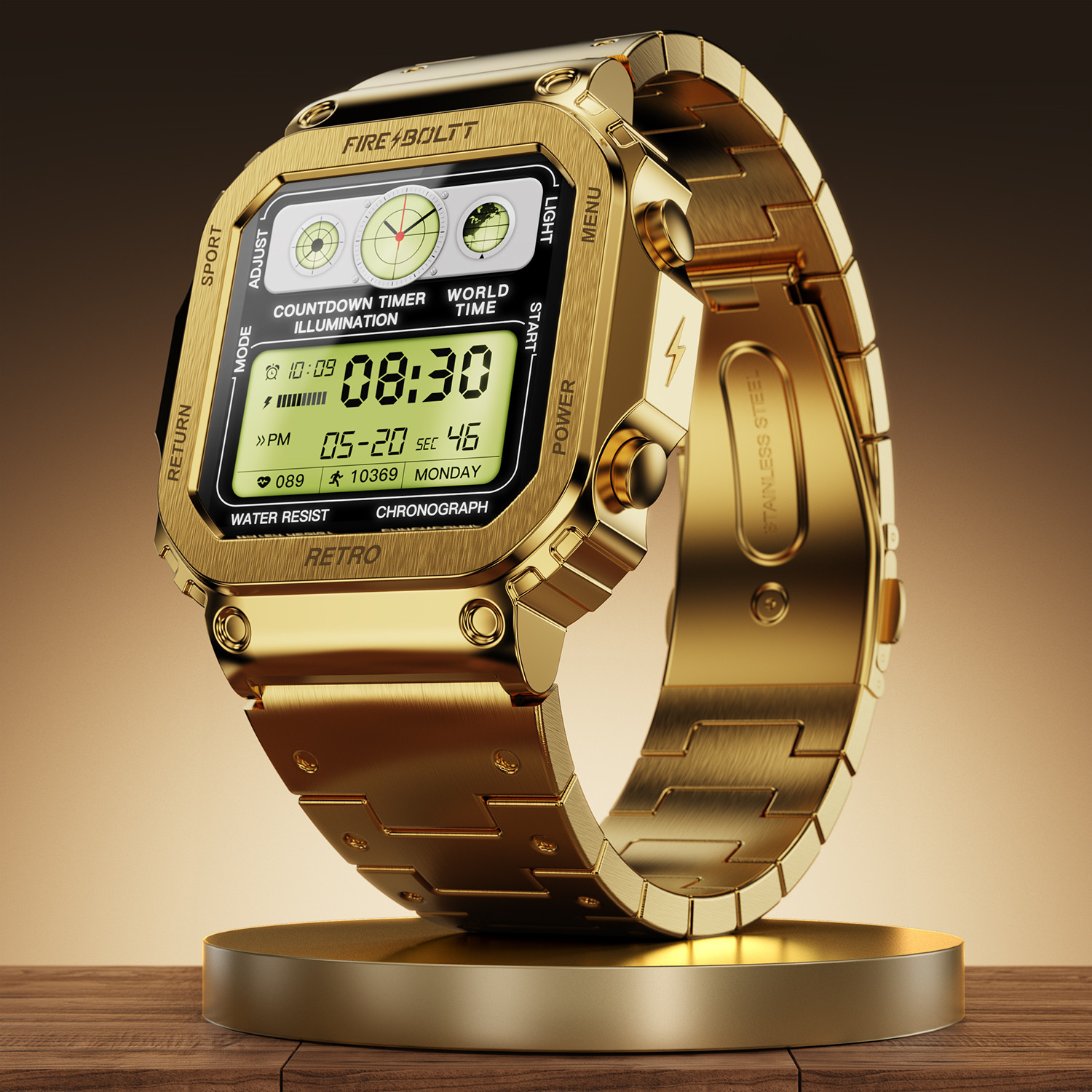 Fire-Boltt Reto 39.1mm (1.54) Display, Bluetooth call, Voice Assistance, Steel Straps Smartwatch (Gold Strap, Free Size) - Image 1