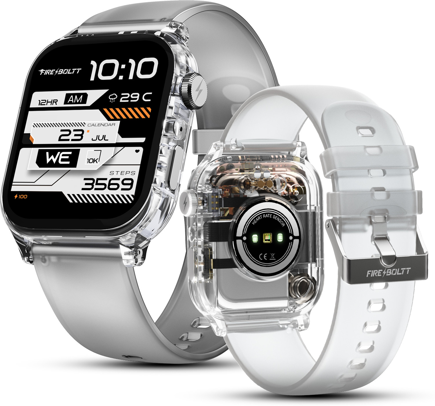 Fire-Boltt Rise Phantom 1.85 Display Transparent Clear Body Design Rotating Button BT Call Smartwatch (Stealth White Strap, Free Size) - Image 1