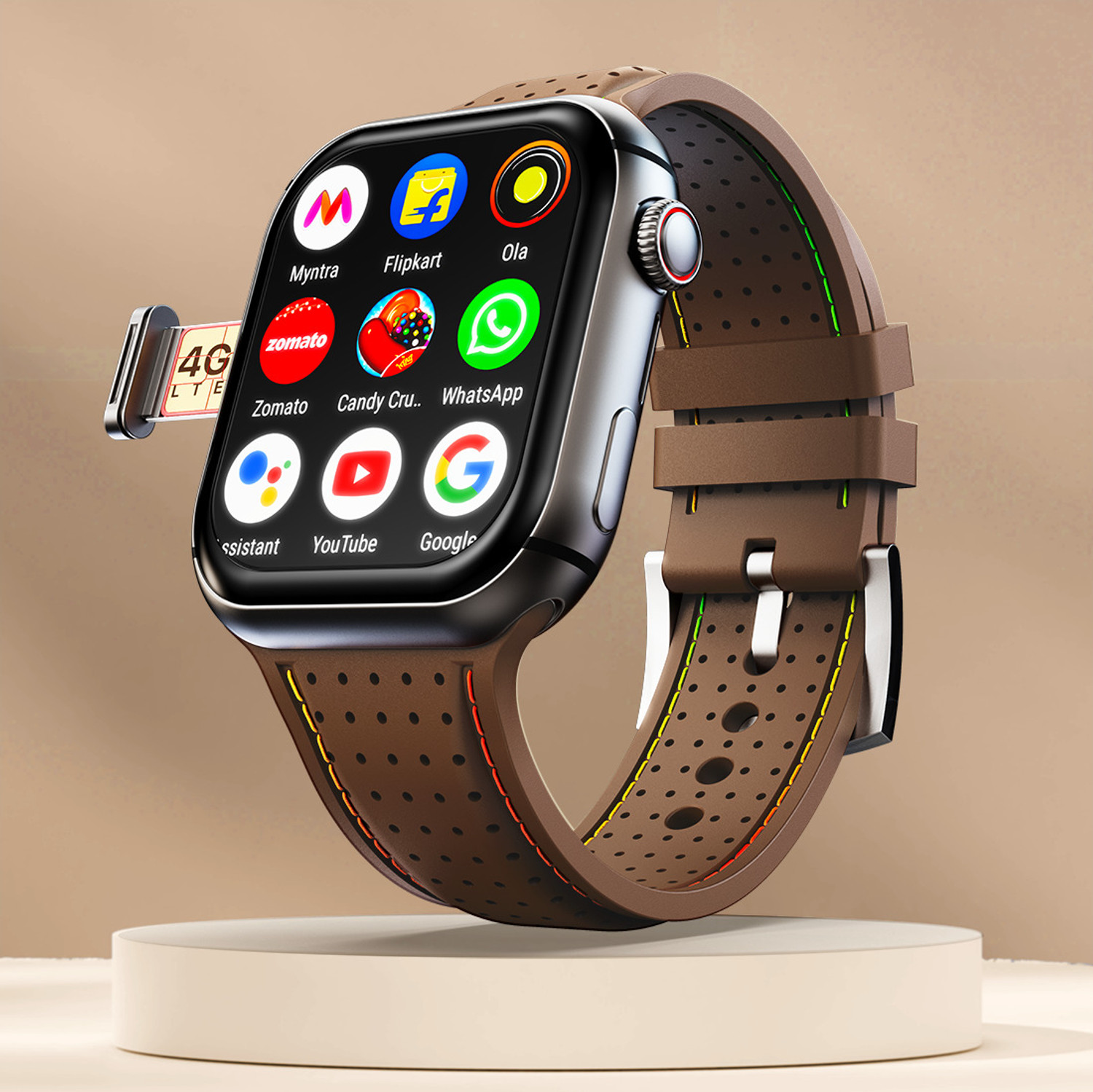 Fire-Boltt Dream WristPhone - 4G SIM/LTE/WiFi, Android OS, Play store unlimited apps, GPS Smartwatch (Cocoa Couture Strap, Free Size) - Image 1