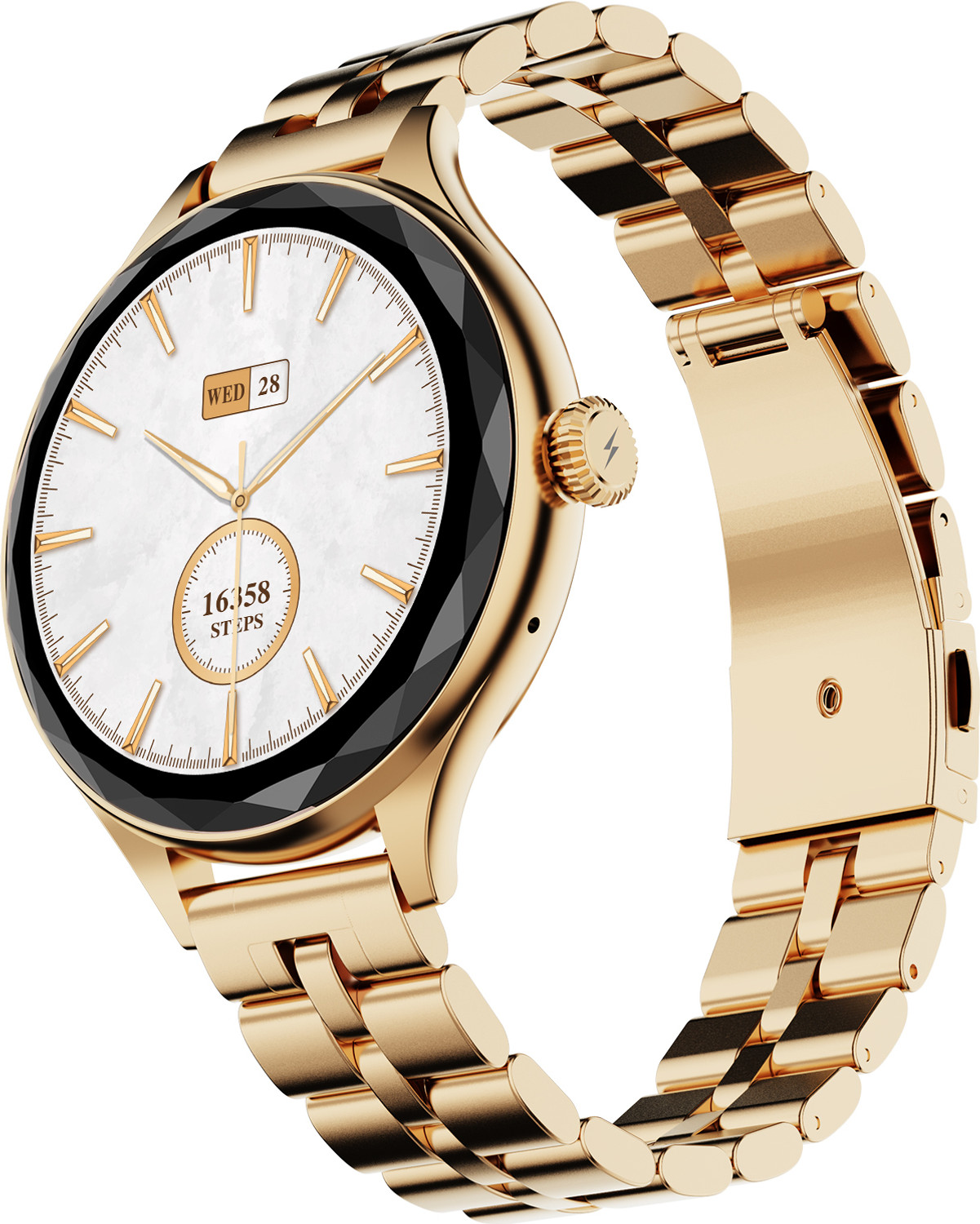 Fire-Boltt Hurricane Aura 1.26HD Display Diamond Cut Rotating Crown Wireless Charging Women Smartwatch (Regal Gold Strap, Free Size) - Image 1