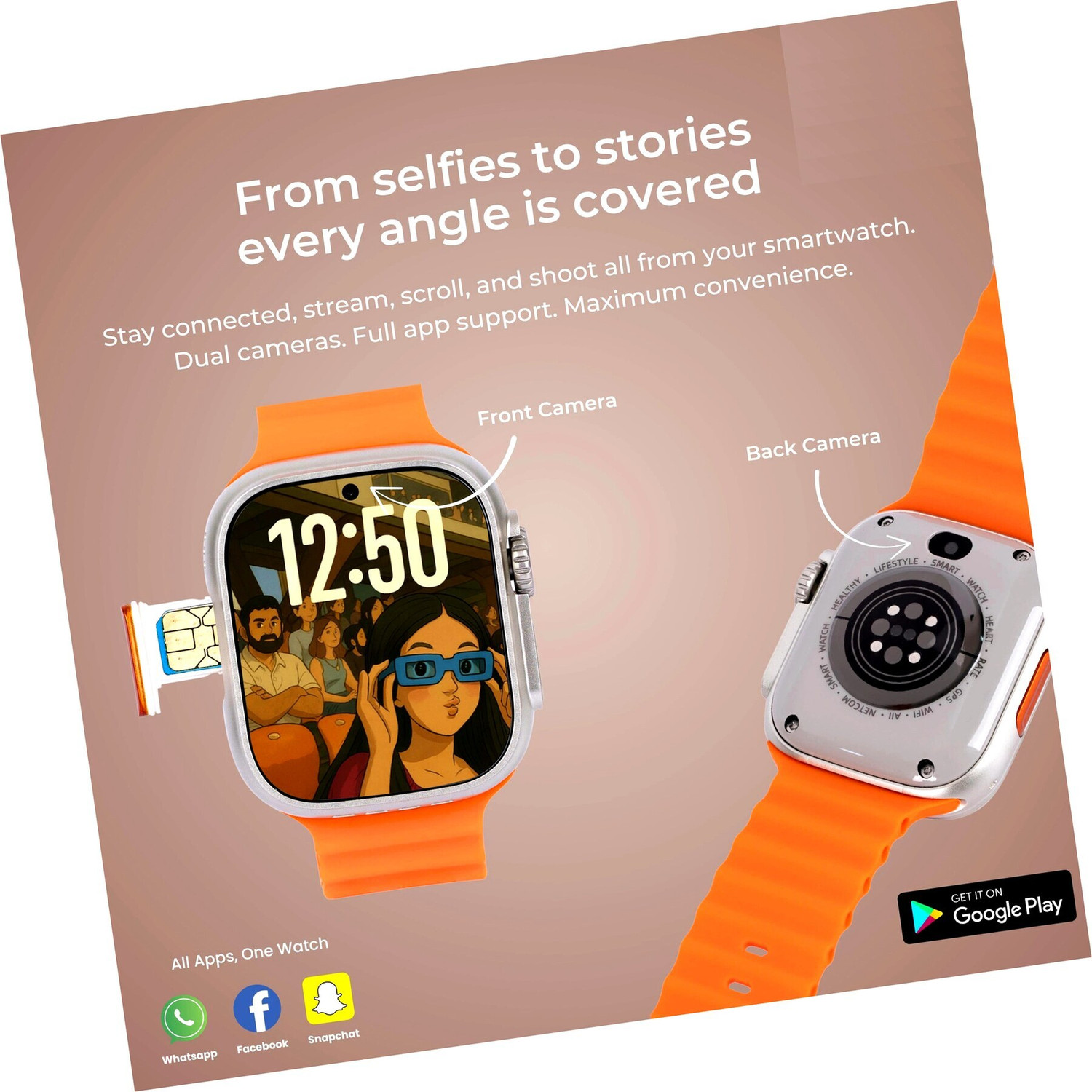 ShopSmart Android 5G Watch supporting Dual Camera and 4GB RAM Smartwatch (Orange Strap, Free Size) - Image 1