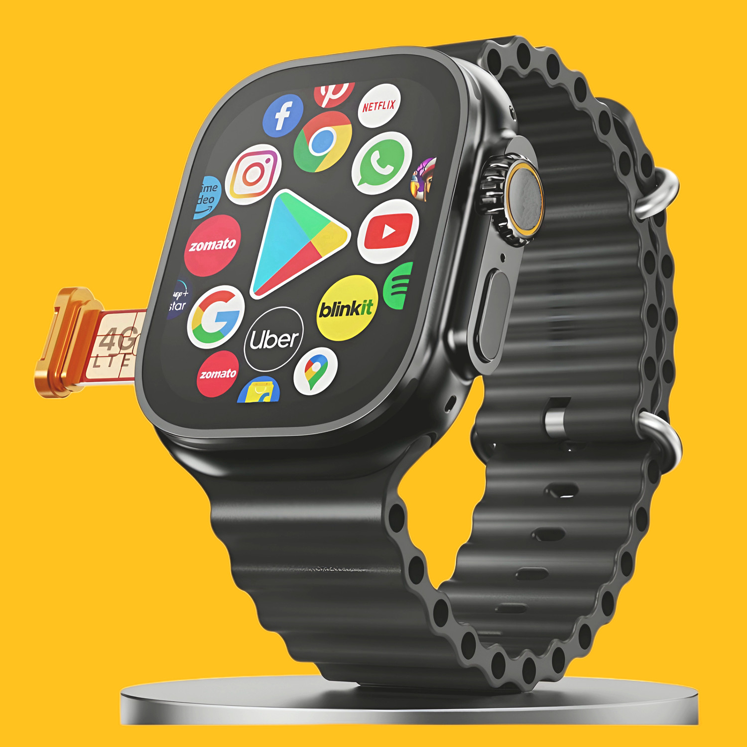 Shop New Android Smart Watch - 4G SIM/LTE/Wi-Fi/Play Store Unlimited Apps/GPS/YouTube Smartwatch (Onyx Wave Strap, Free Size) - Image 1