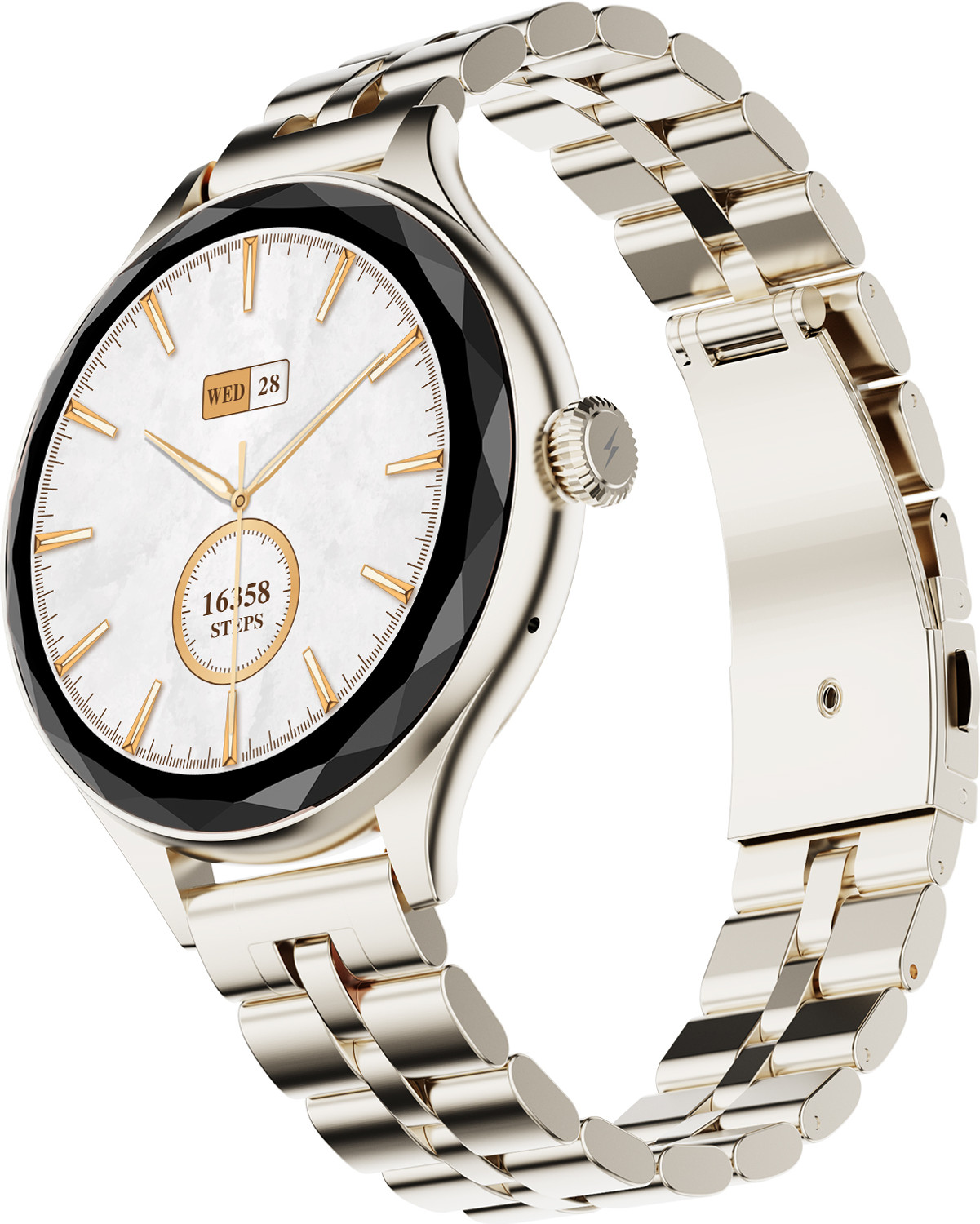 Fire-Boltt Hurricane Aura 1.26HD Display Diamond Cut Rotating Crown Wireless Charging Women Smartwatch (Silk Champagne Strap, Free Size) - Image 1
