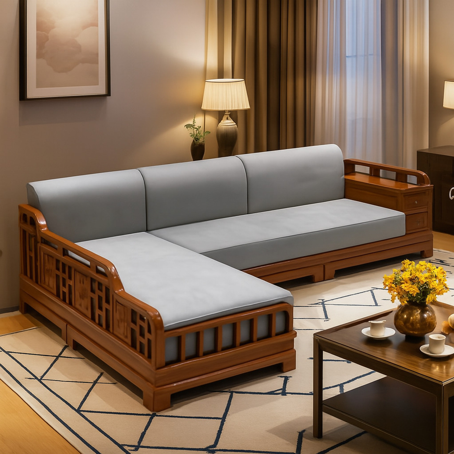 UBOLLO Premium 5 Seater Single Solid Wood Fold Out Sofa Cum Bed (Finish Color - Honey Teak Delivery Condition - Pre-assembled) - Image 1