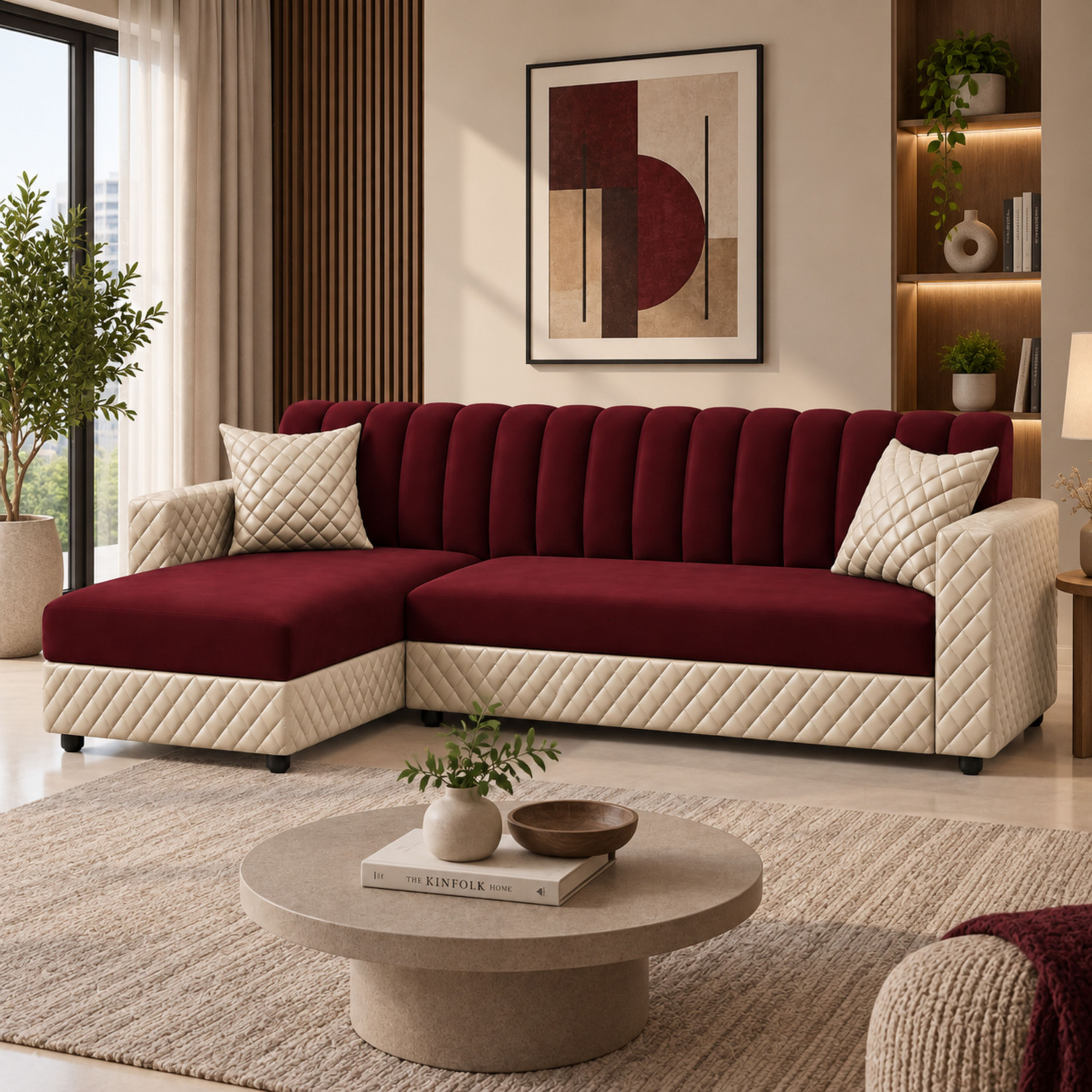 WAKESURE Premium Quality Velvet Fabric 6 Seater Sofa (Finish Color - Red & Beige, DIY(Do-It-Yourself)) - Image 1