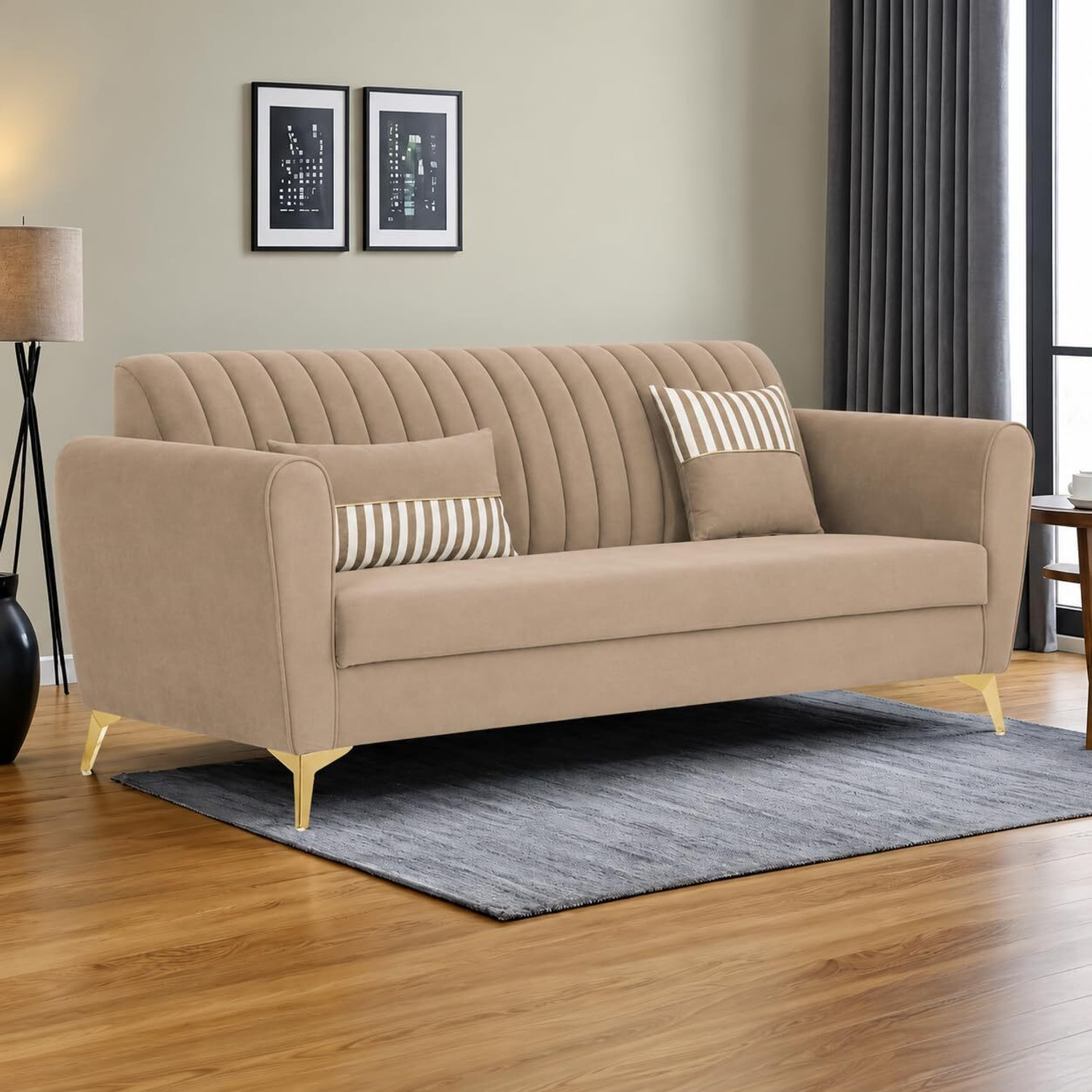 ADORN INDIA Premium Luster 3 Seater Velvet Sofa Camel - Image 1