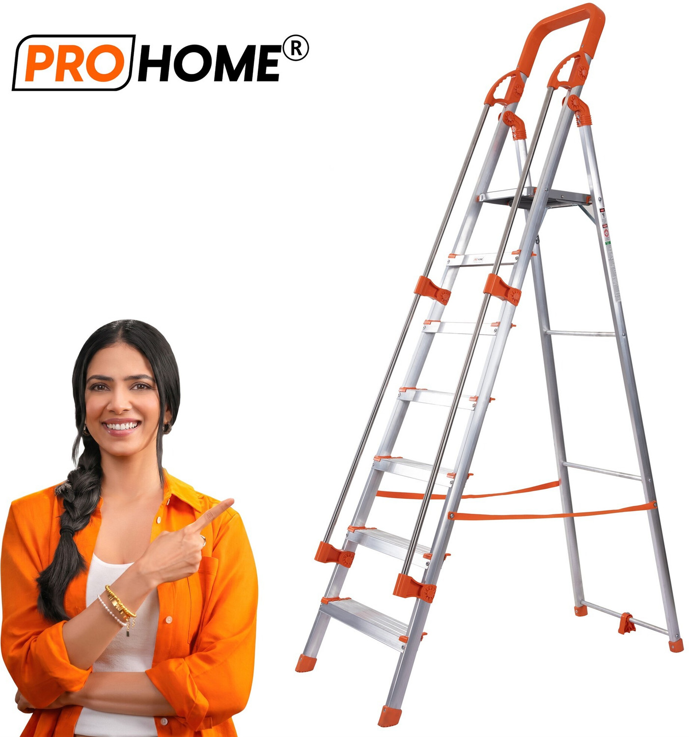 ProHome 7 step Railing Ladder for Household use Kitchen Boss, Metal Frame Anti Skid Step Aluminium Ladder (With Platform, Hand Rail) - Image 1
