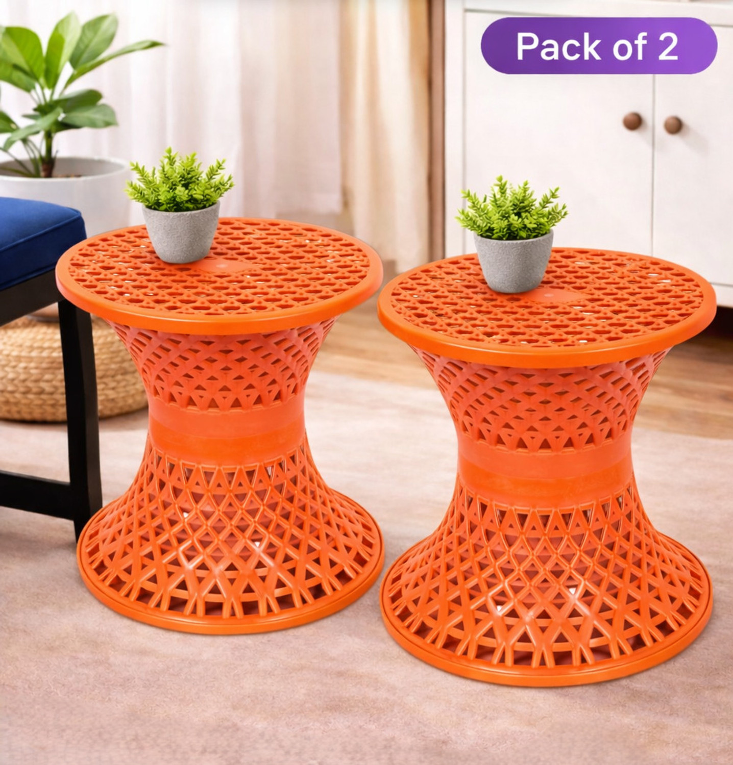 Heart Home Mesh Design Plastic Sitting Stool Pack of 2 (Orange) - Image 1