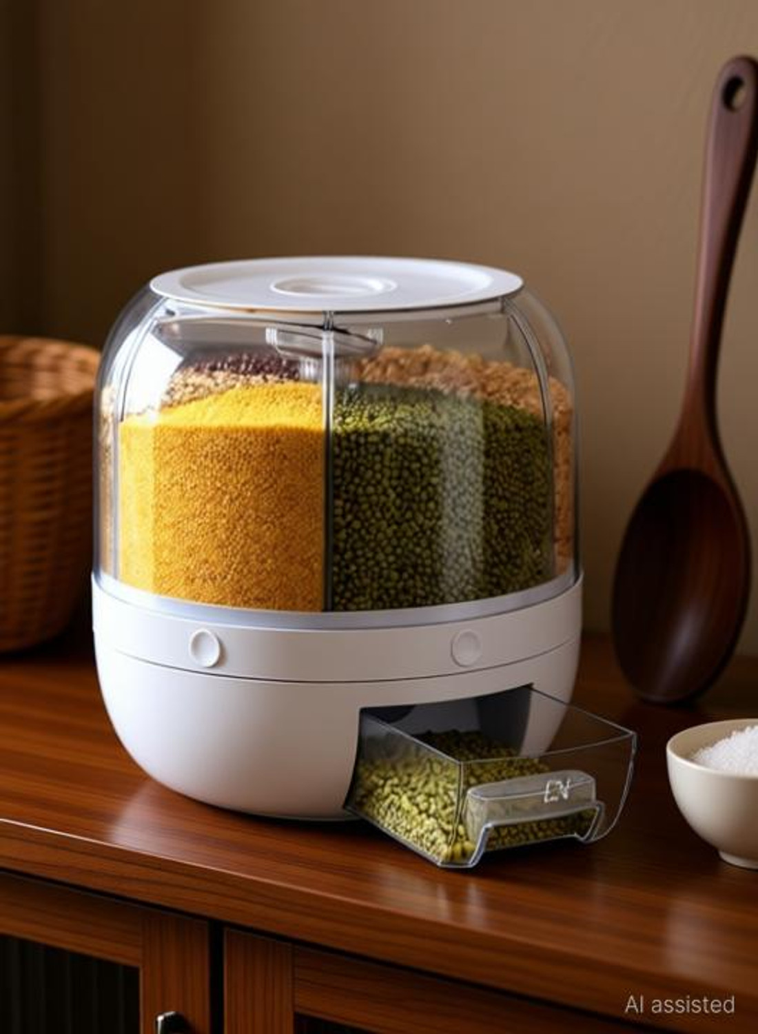Iktu 6-Grid 360° Rotating Food grain Dispenser, Rice Storage Container- 6 Kgs Storage Box (White) - Image 1