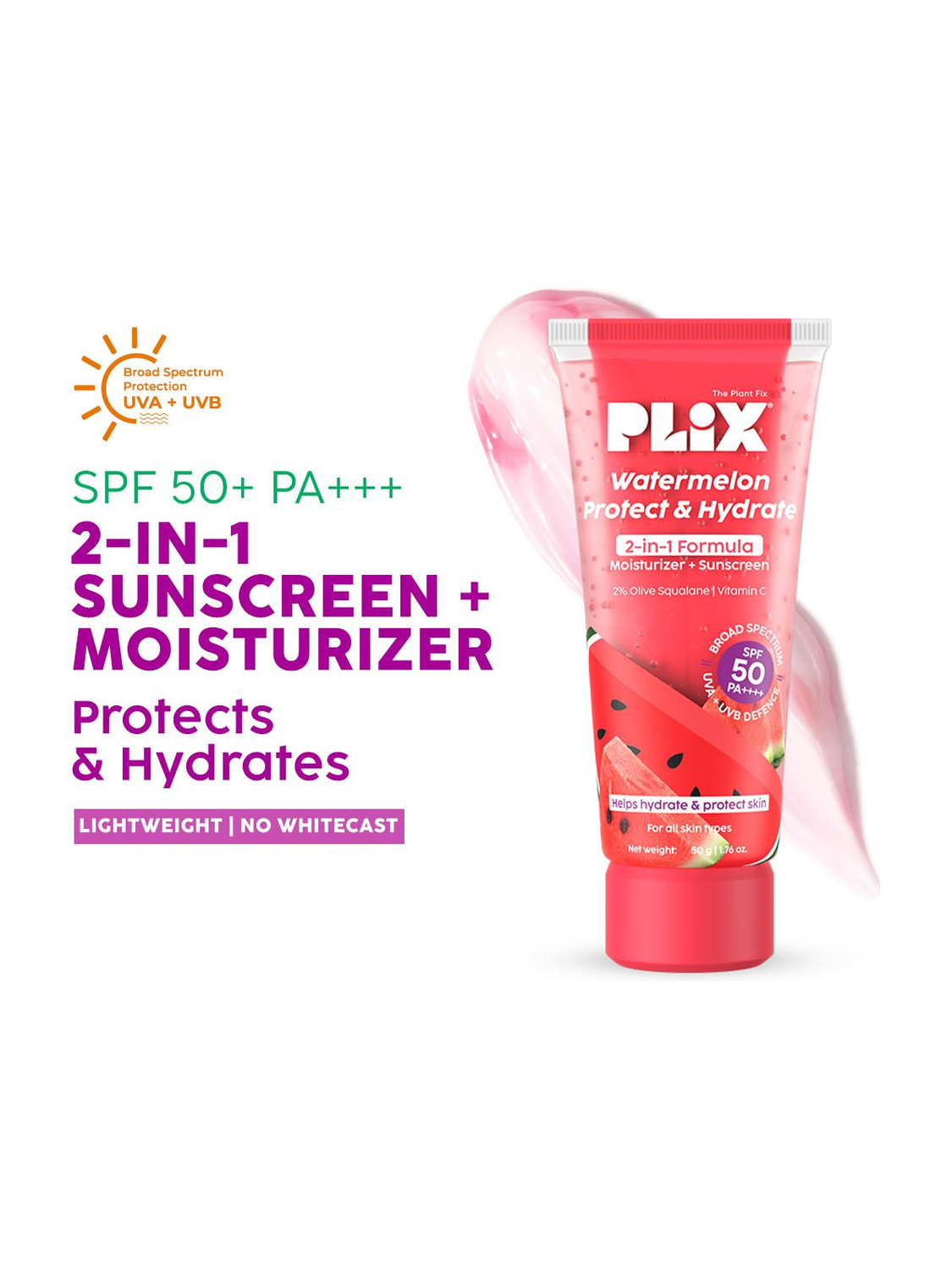 The Plant Fix Plix Sunscreen - SPF 50 PA++++ Watermelon Protect & Hydrate 2 in 1 formula Moisturizer + Sunscreen (50 g) - Image 1