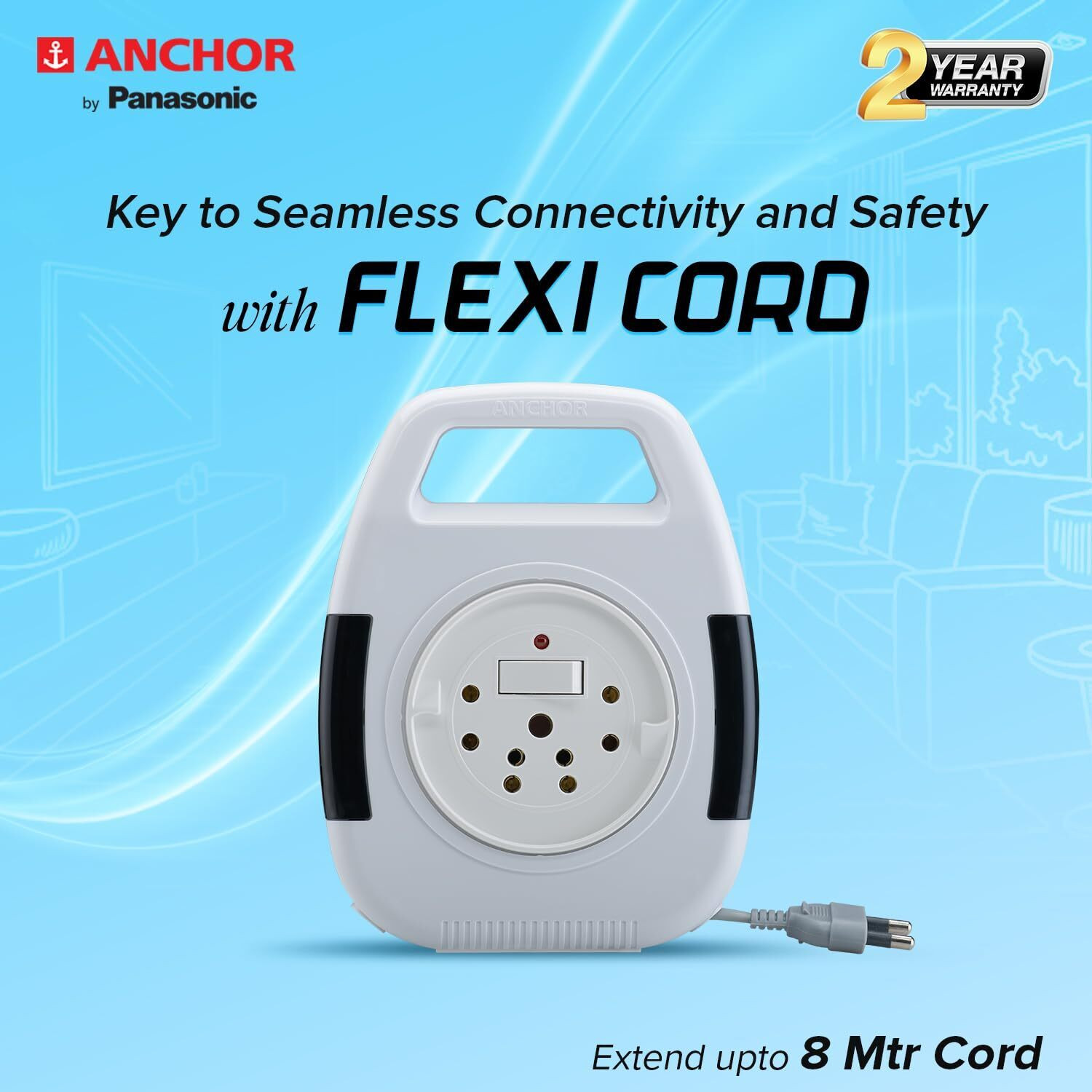 ANCHOR Cherry Flexicord 3 Socket Box with Indicator & Handle [ 5218 ] 3 Socket Extension Boards (White, 8 m) - Image 1