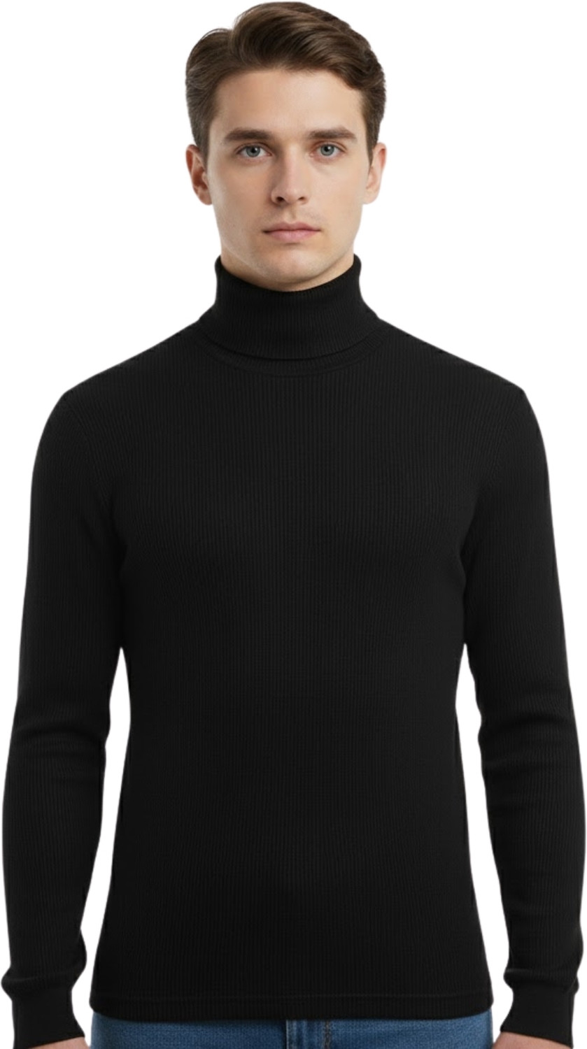 HouseOfCommon Men Solid High Neck Black Sweater - Image 1