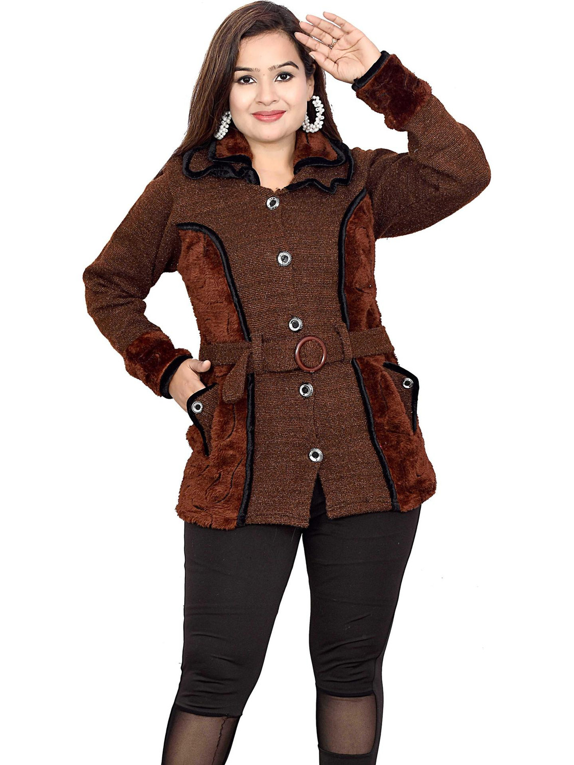 AYUB FASHION Women Solid Collared Neck Reversible Brown Sweater - Image 1