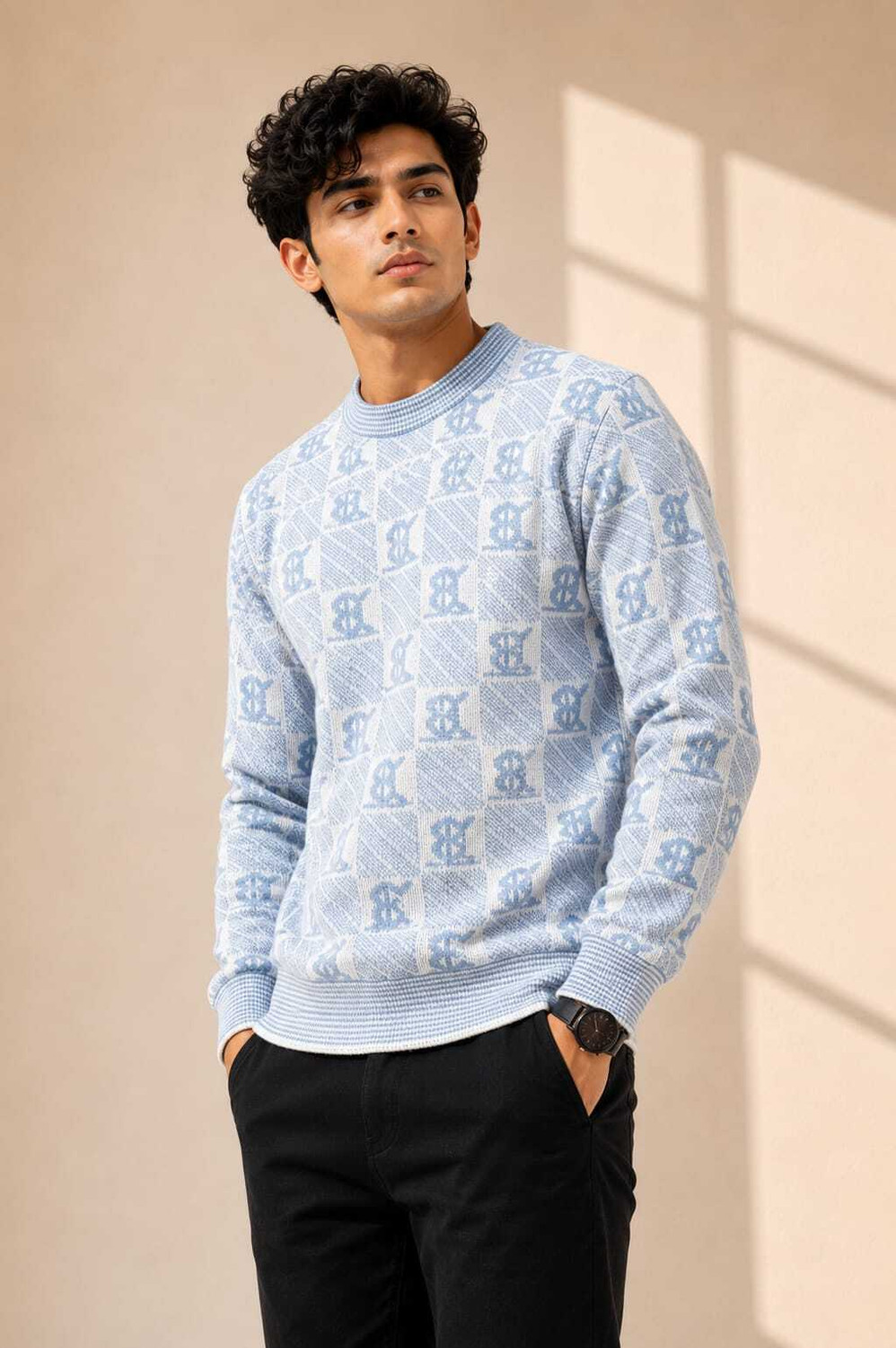 VEERA Men Printed Crew Neck Sweater (Light Blue, White) - Image 1