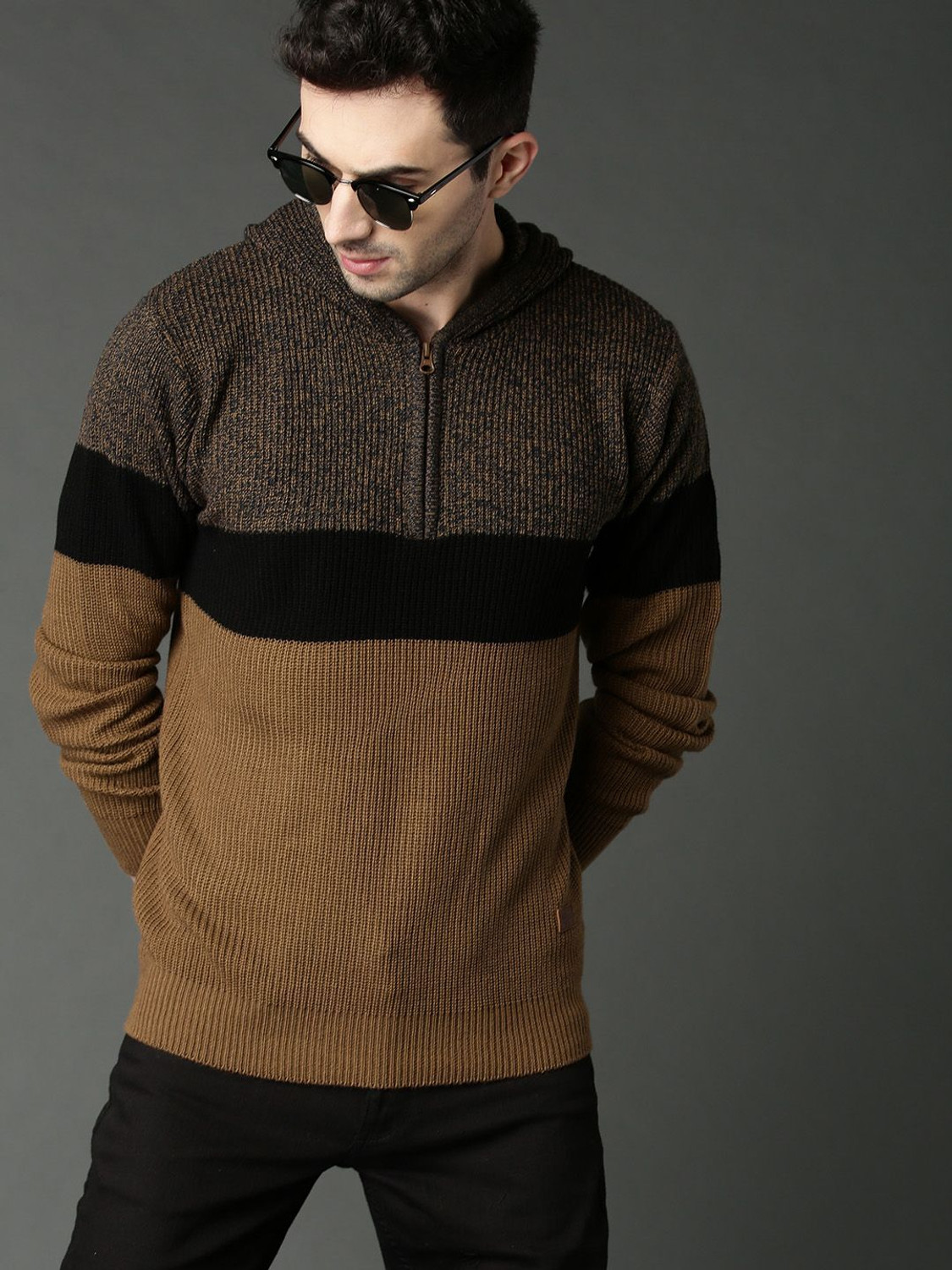 Roadster Men Colorblock Hooded Neck Brown Sweater - Image 1