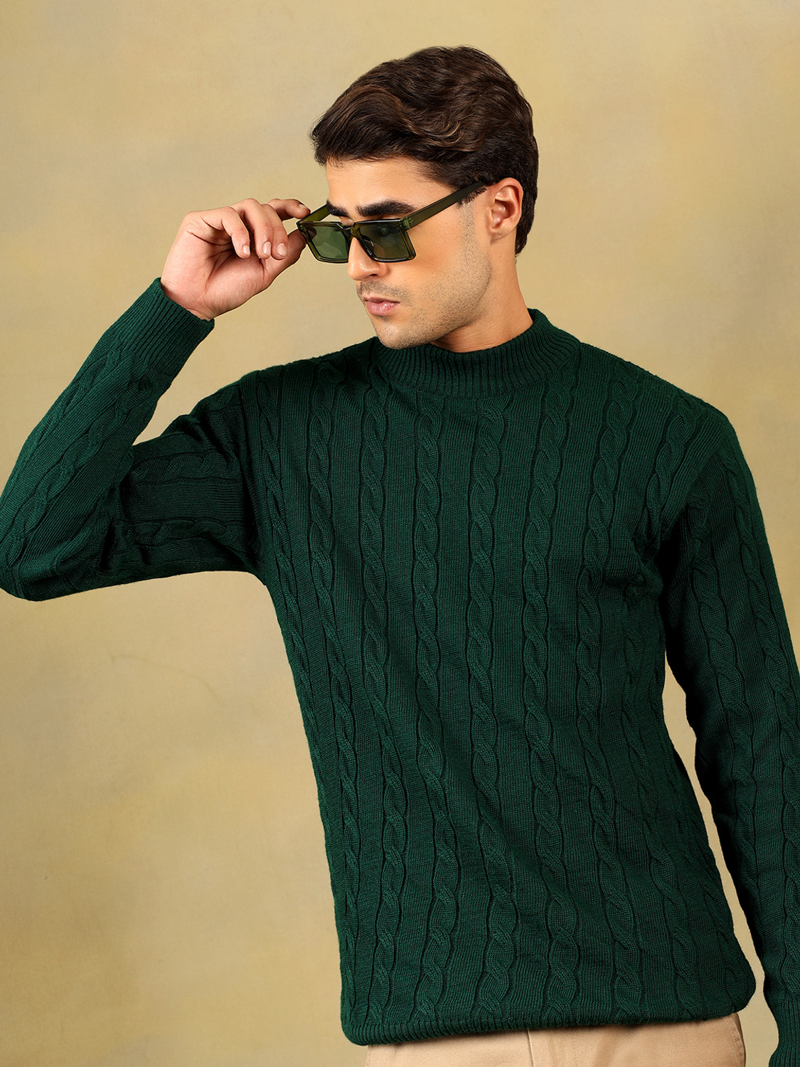 KVETOO Men Self Design High Neck Green Sweater - Image 1