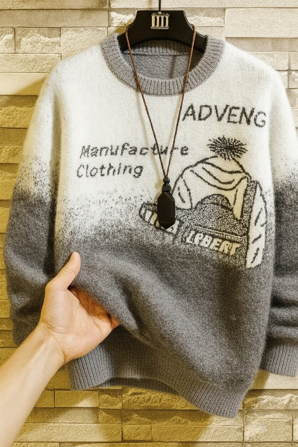 Plus91 Men Self Design Round Neck Grey, White Sweater - Image 1