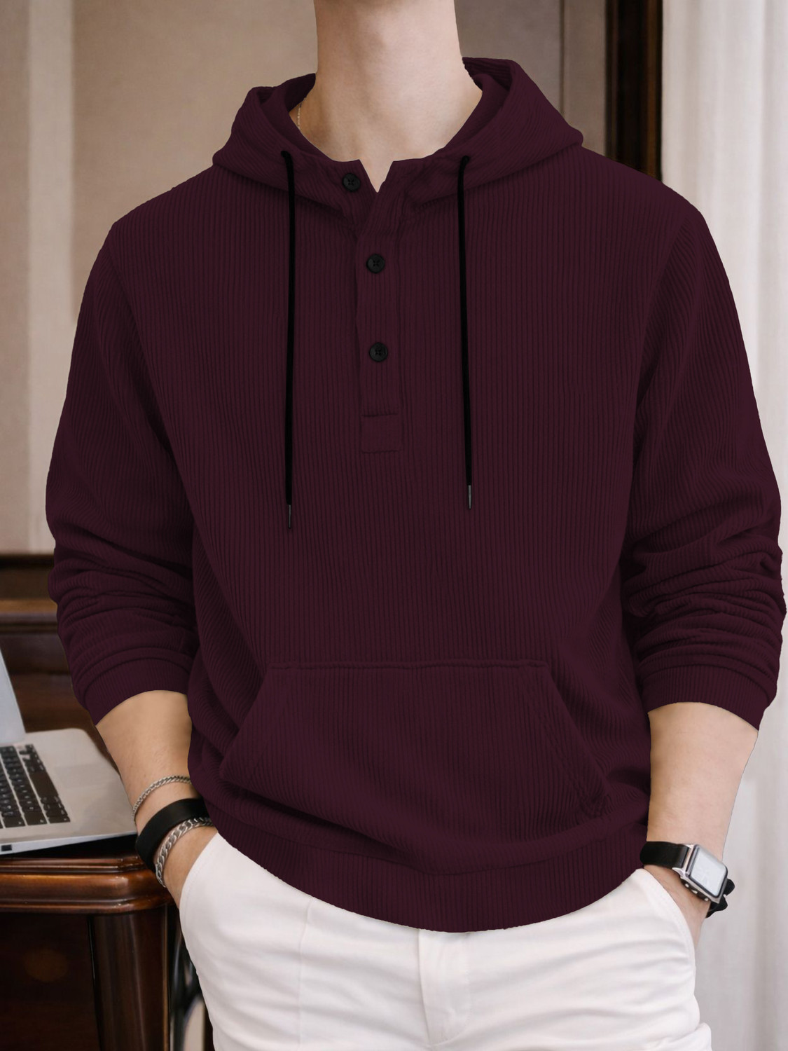 HOODLER Men Full Sleeve Self Design Hooded Sweatshirt - Image 1