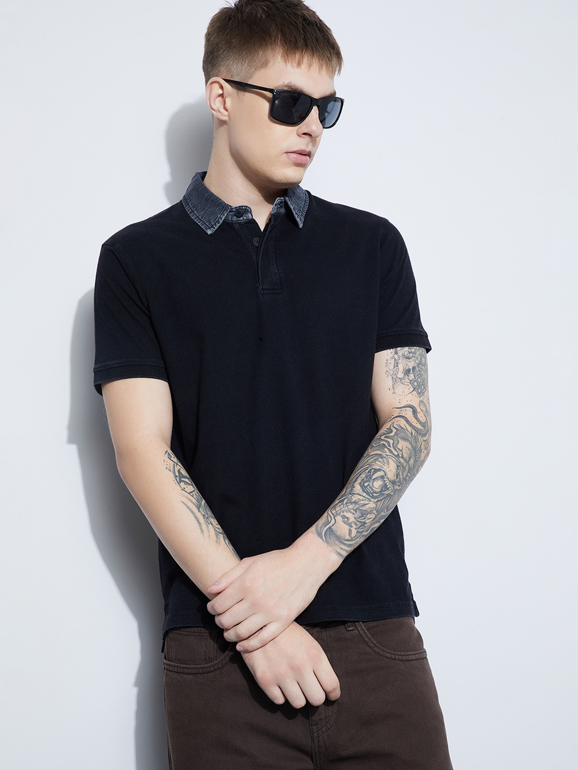 Forca by Lifestyle Men Solid Polo Neck Cotton Blend Black T-Shirt - Image 1