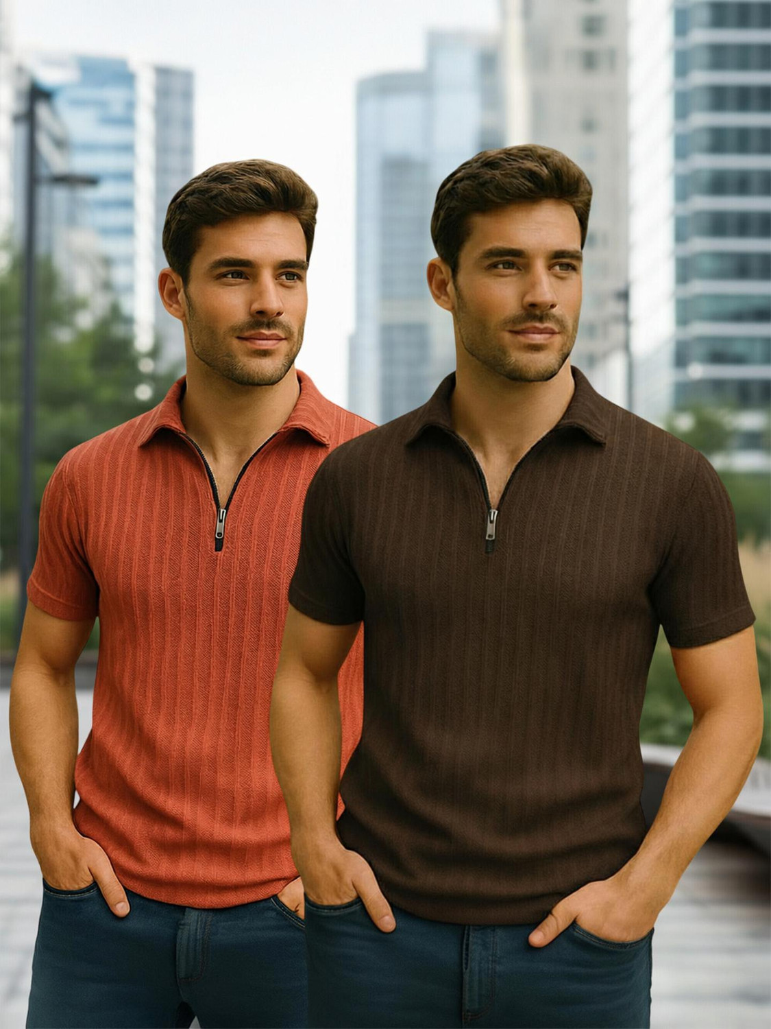METRONAUT Solid Men Zip Neck Brown, Orange T-Shirt - Image 1