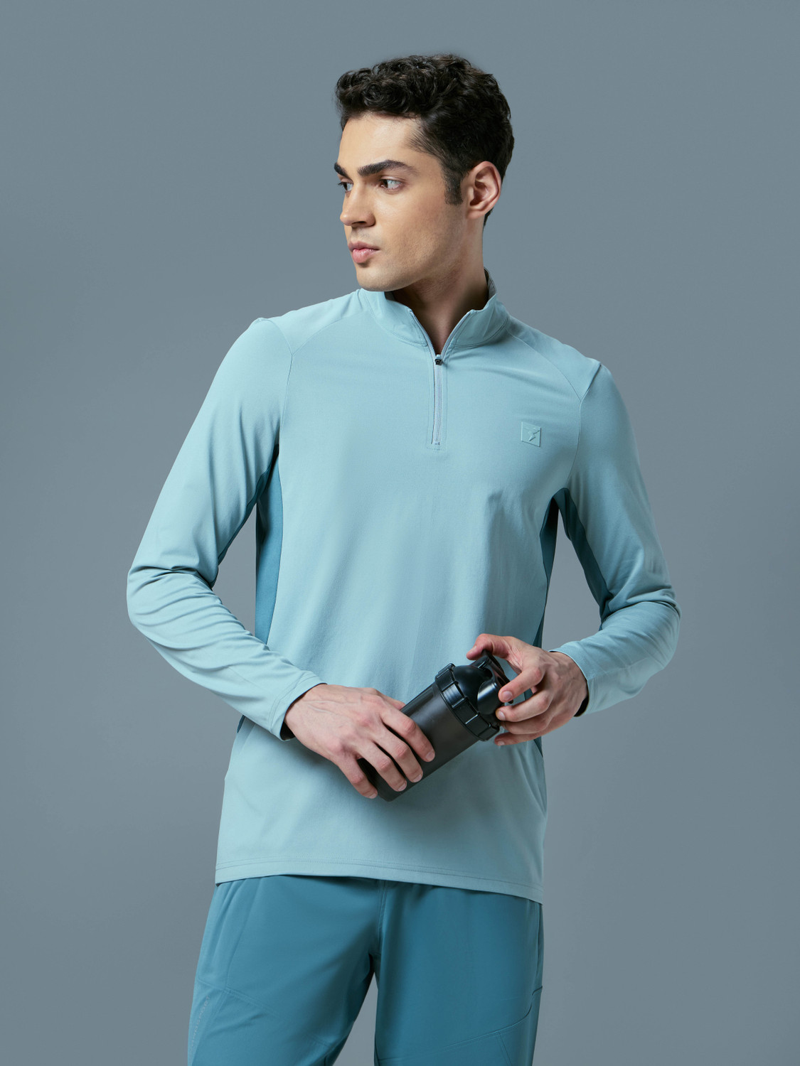 TECHNOSPORT Men Sporty High Neck Polyester Light Blue T-Shirt - Image 1