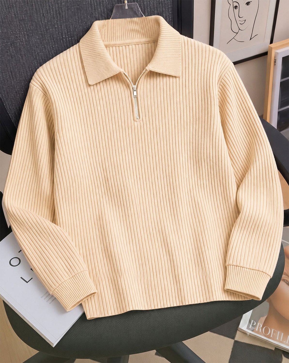 AOOSH Men Self Design Zip Neck Cotton Blend Beige T-Shirt - Image 1