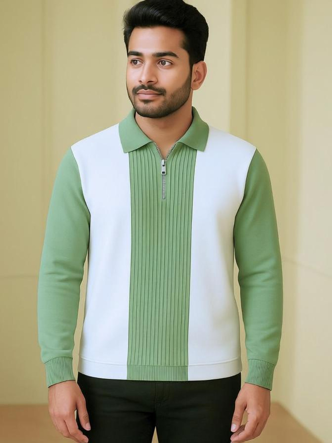 Try This Men Colorblock Zip Neck Cotton Blend Light Green T-Shirt - Image 1