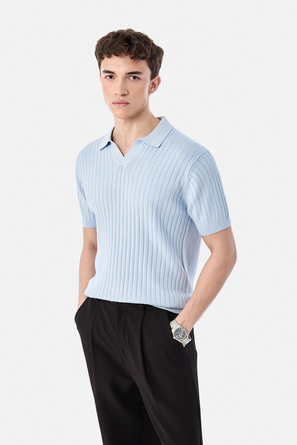 Snitch Men Solid Polo Neck Pure Cotton Blue T-Shirt - Image 1