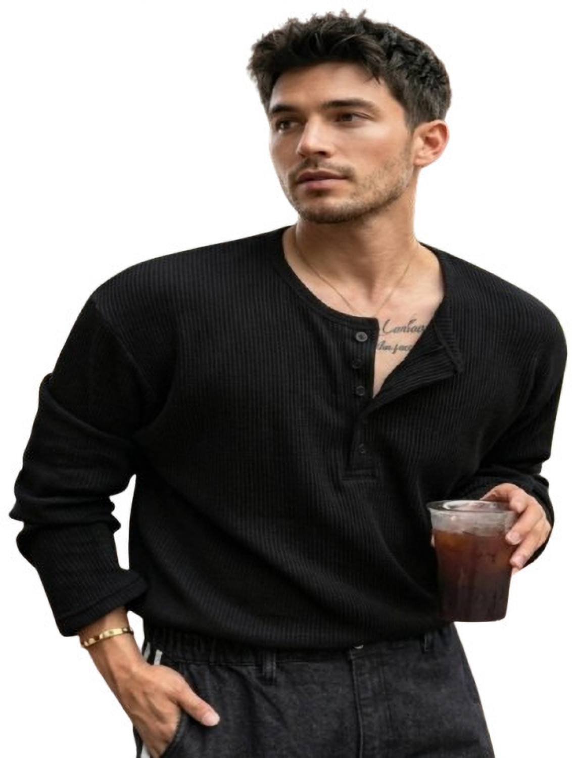 HeraDawn Men Striped Henley Neck Polyester Black T-Shirt - Image 1
