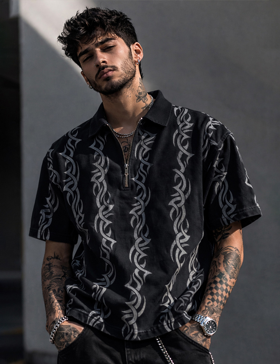 Force Men Printed Zip Neck Reversible Cotton Blend Black T-Shirt - Image 1