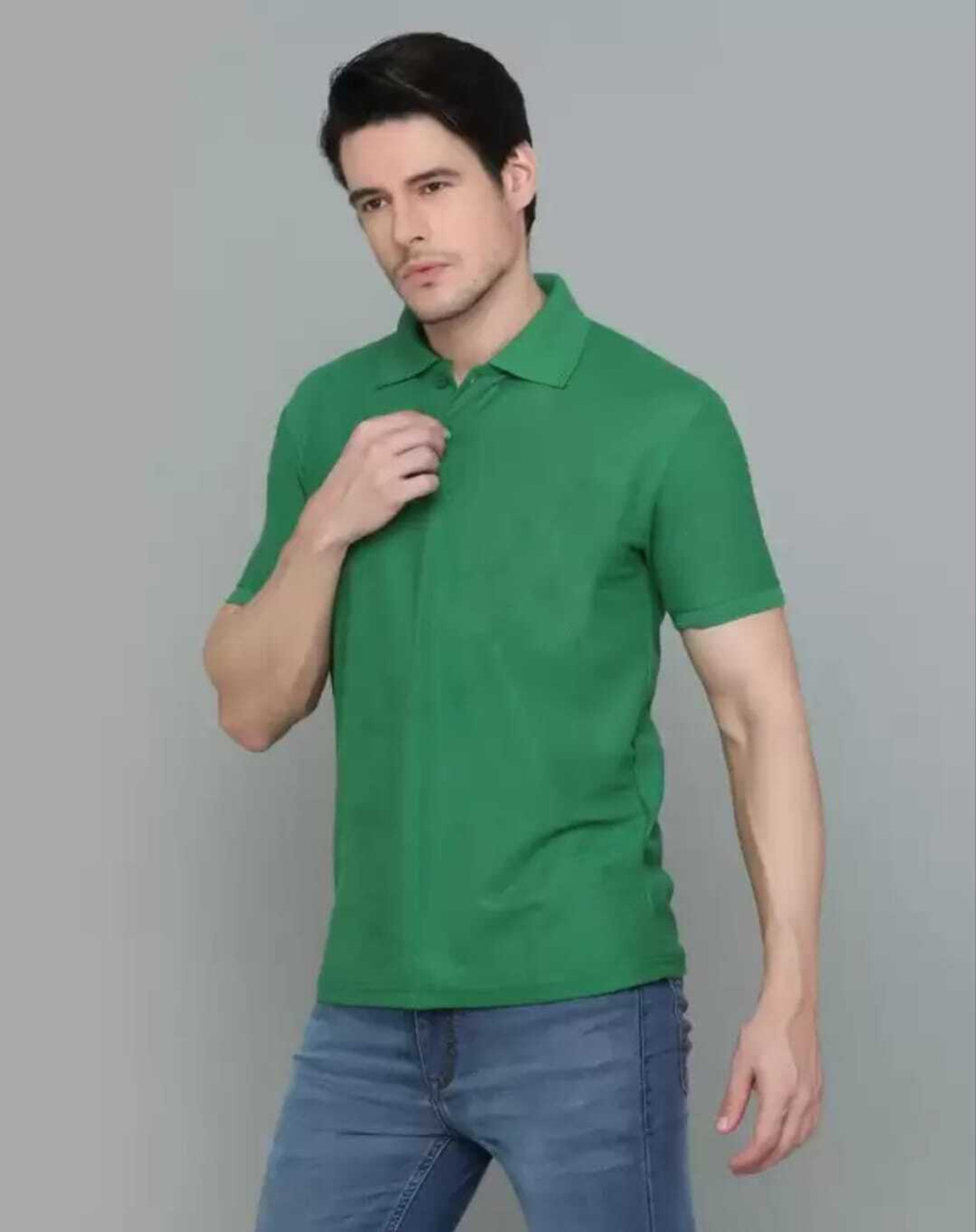 DZone Men Solid Polo Neck Cotton Blend Green T-Shirt - Image 1