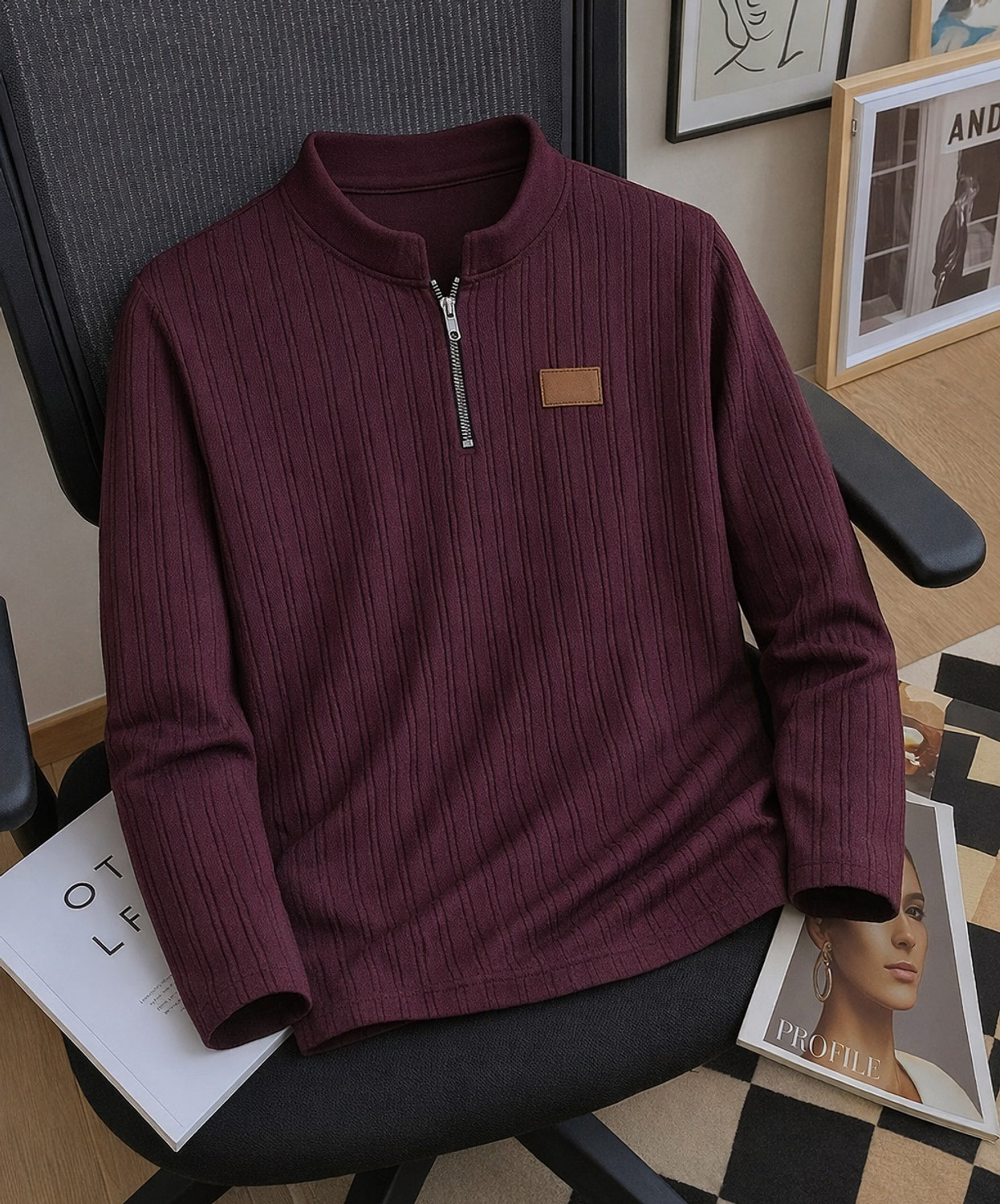 PRAIZY Men Striped Mandarin Collar Cotton Blend Purple T-Shirt - Image 1