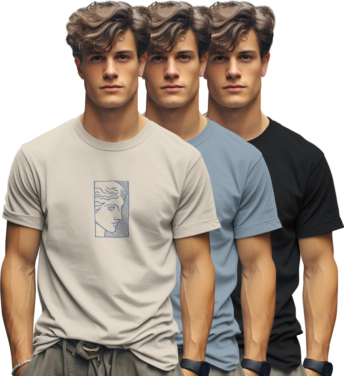 Bullmer Pack of 3 Men Printed Round Neck Cotton Blend Multicolor T-Shirt - Image 1