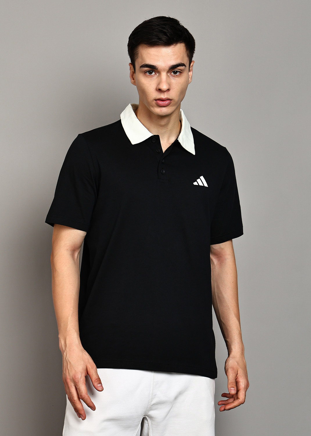 ADIDAS Men Solid Polo Neck Pure Cotton Black T-Shirt - Image 1